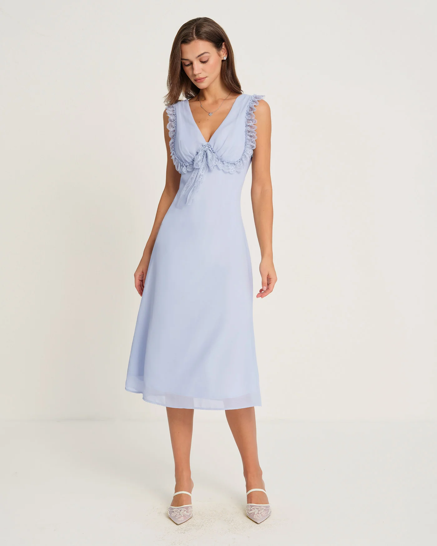 Blue V Neck Midi Dress - Image 3