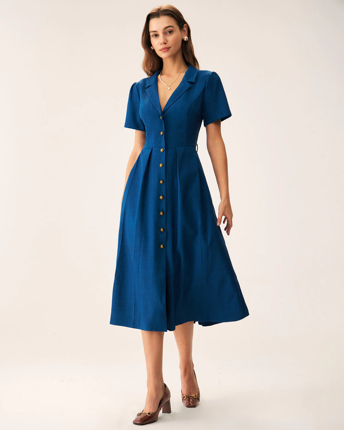 Blue V Neck Pleated Button Midi Dress - Image 4