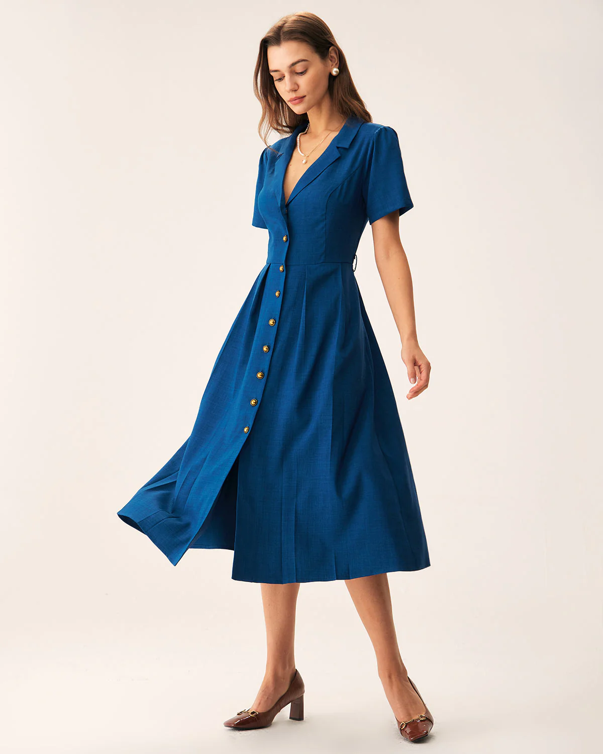Blue V Neck Pleated Button Midi Dress - Image 5