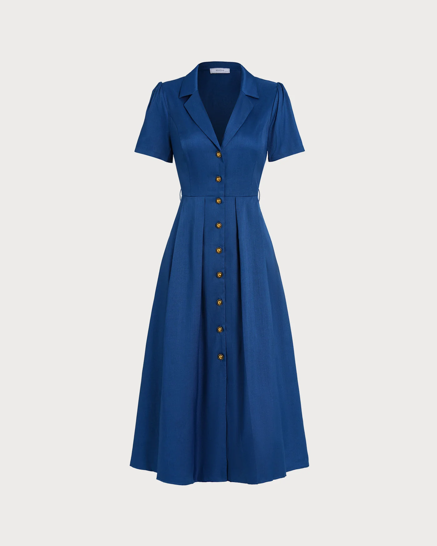 Blue V Neck Pleated Button Midi Dress - Image 7