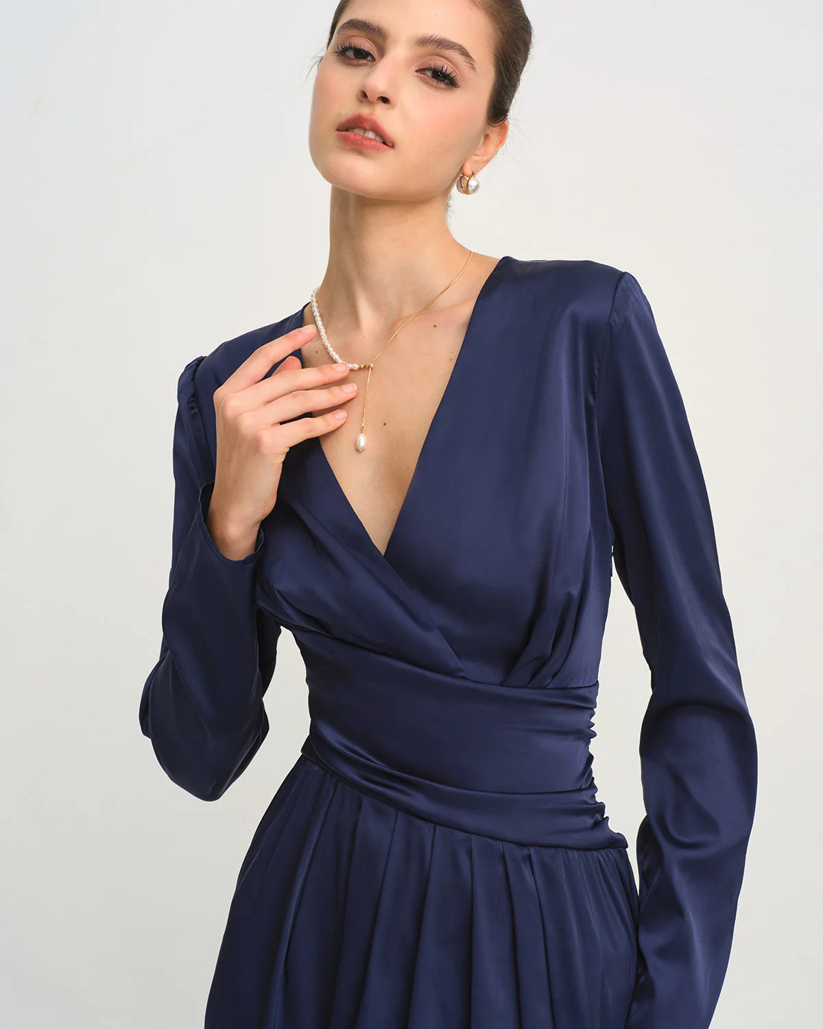 Blue V Neck Pleated Midi Dress - Image 2