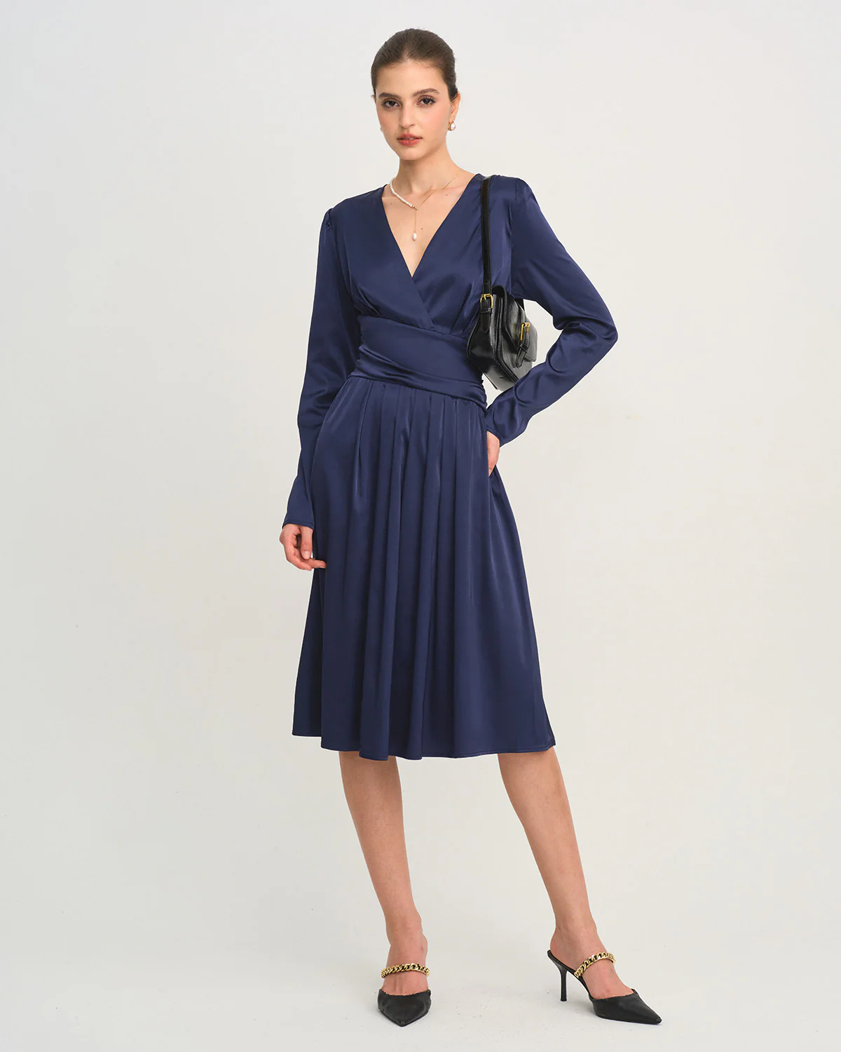 Blue V Neck Pleated Midi Dress - Image 4