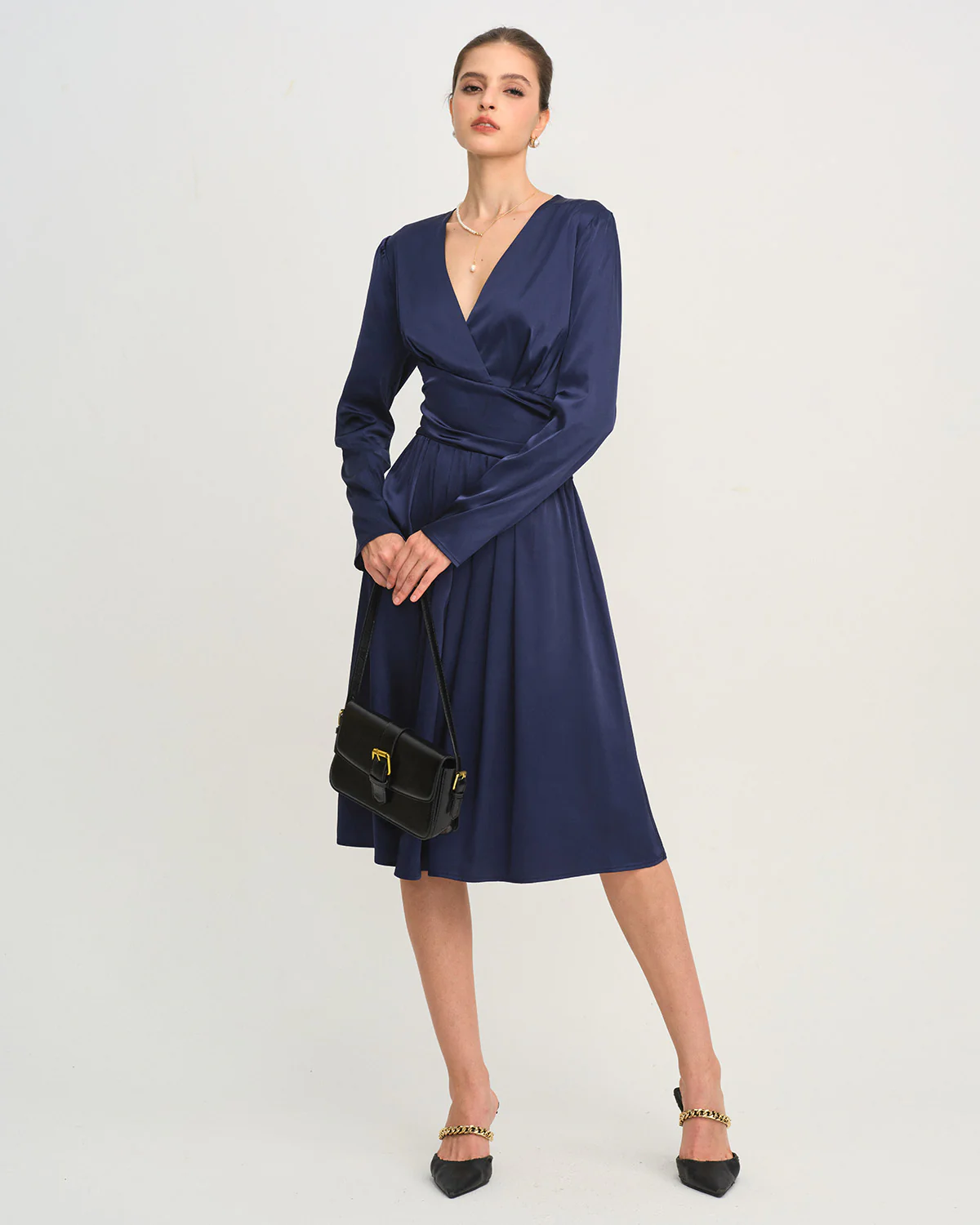 Blue V Neck Pleated Midi Dress - Image 5