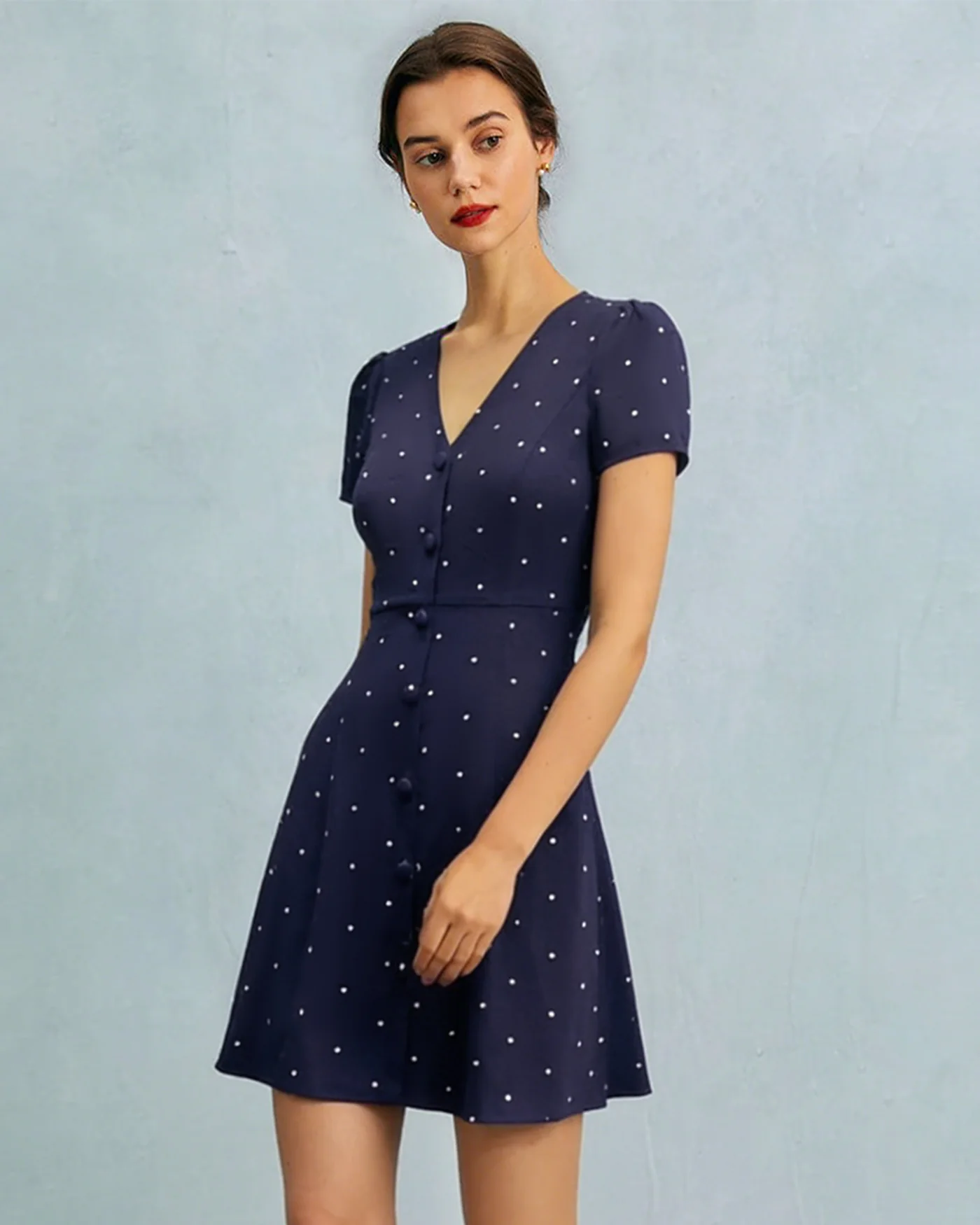 Blue V Neck Polka Dot Button Mini Dress - Image 2