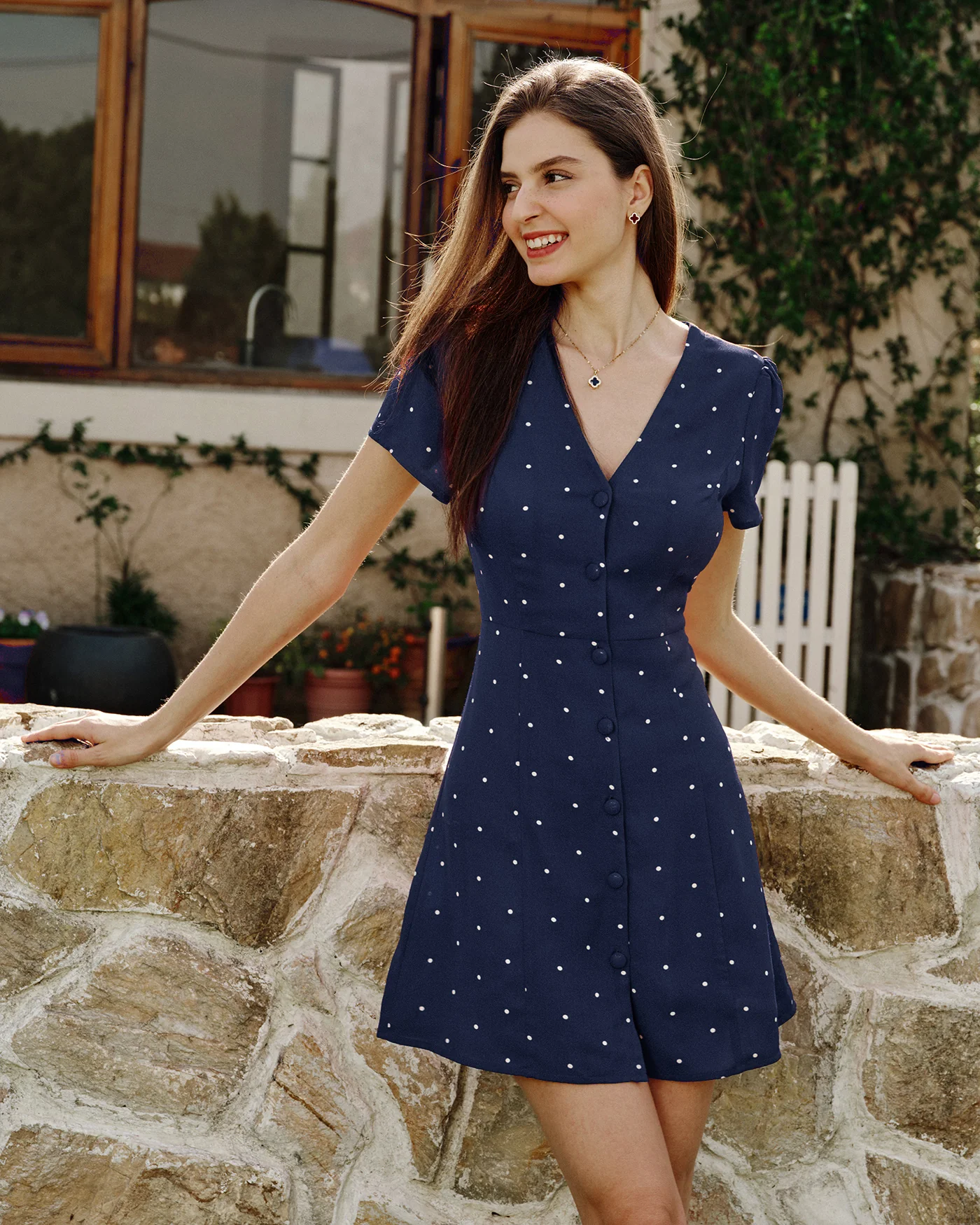 Blue V Neck Polka Dot Button Mini Dress - Image 3