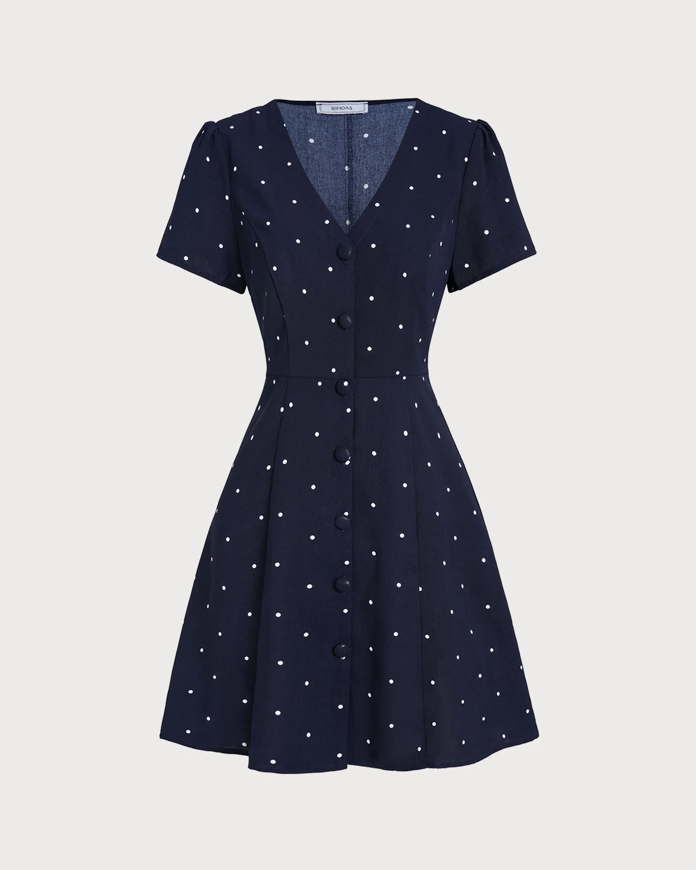 Blue V Neck Polka Dot Button Mini Dress - Image 9