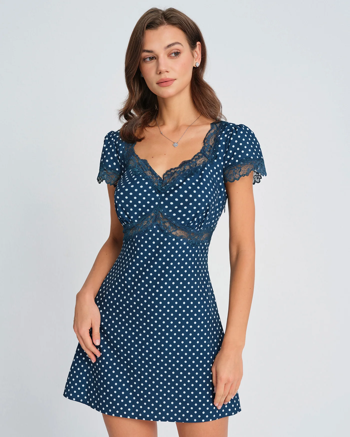Blue V Neck Polka Dot Mini Dress - Image 3