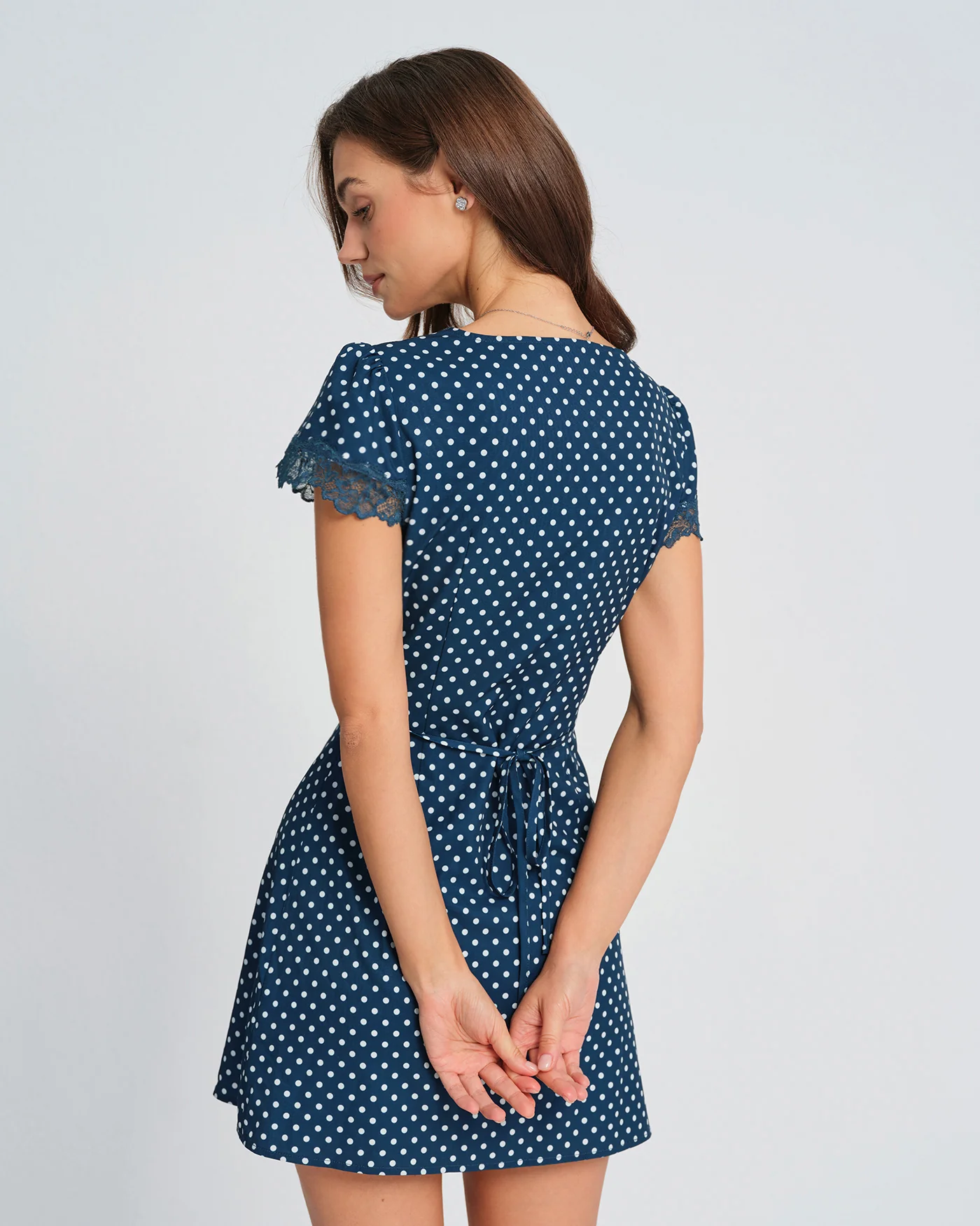 Blue V Neck Polka Dot Mini Dress - Image 4