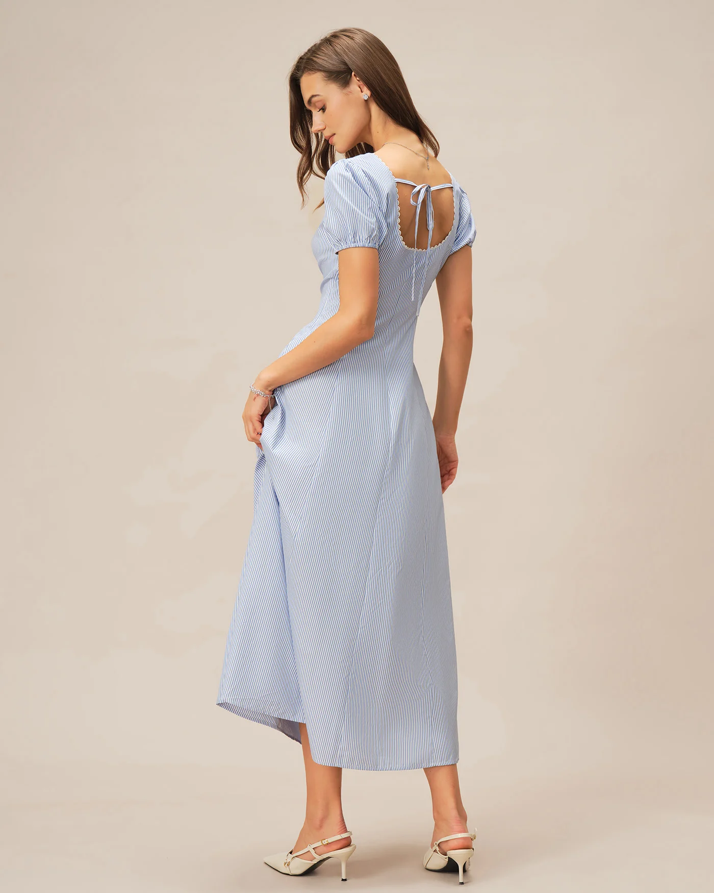 Blue V Neck Puffed Sleeve Striped Maxi Dress - Image 3
