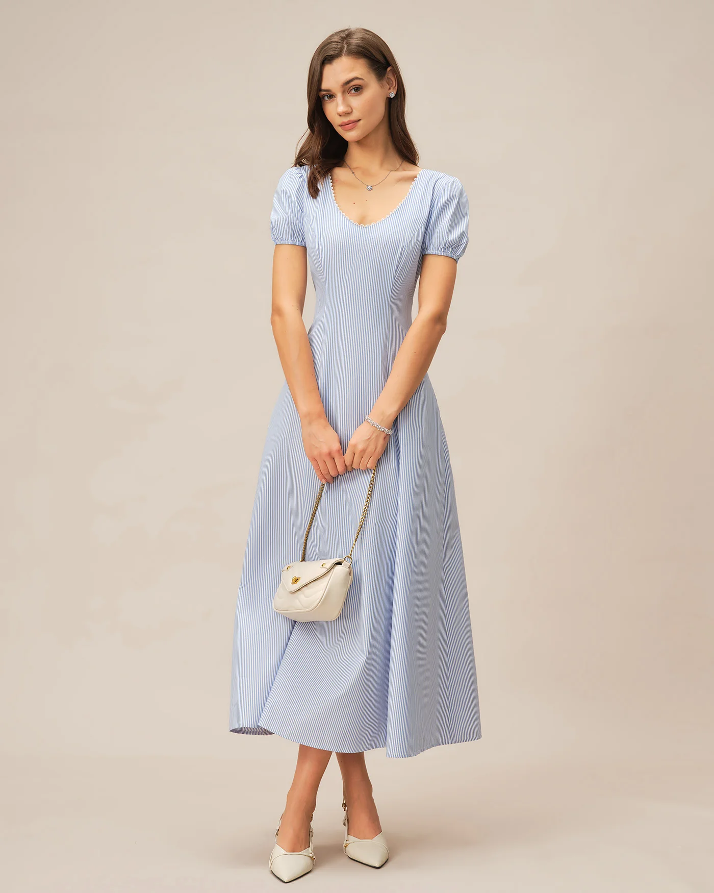 Blue V Neck Puffed Sleeve Striped Maxi Dress - Image 4