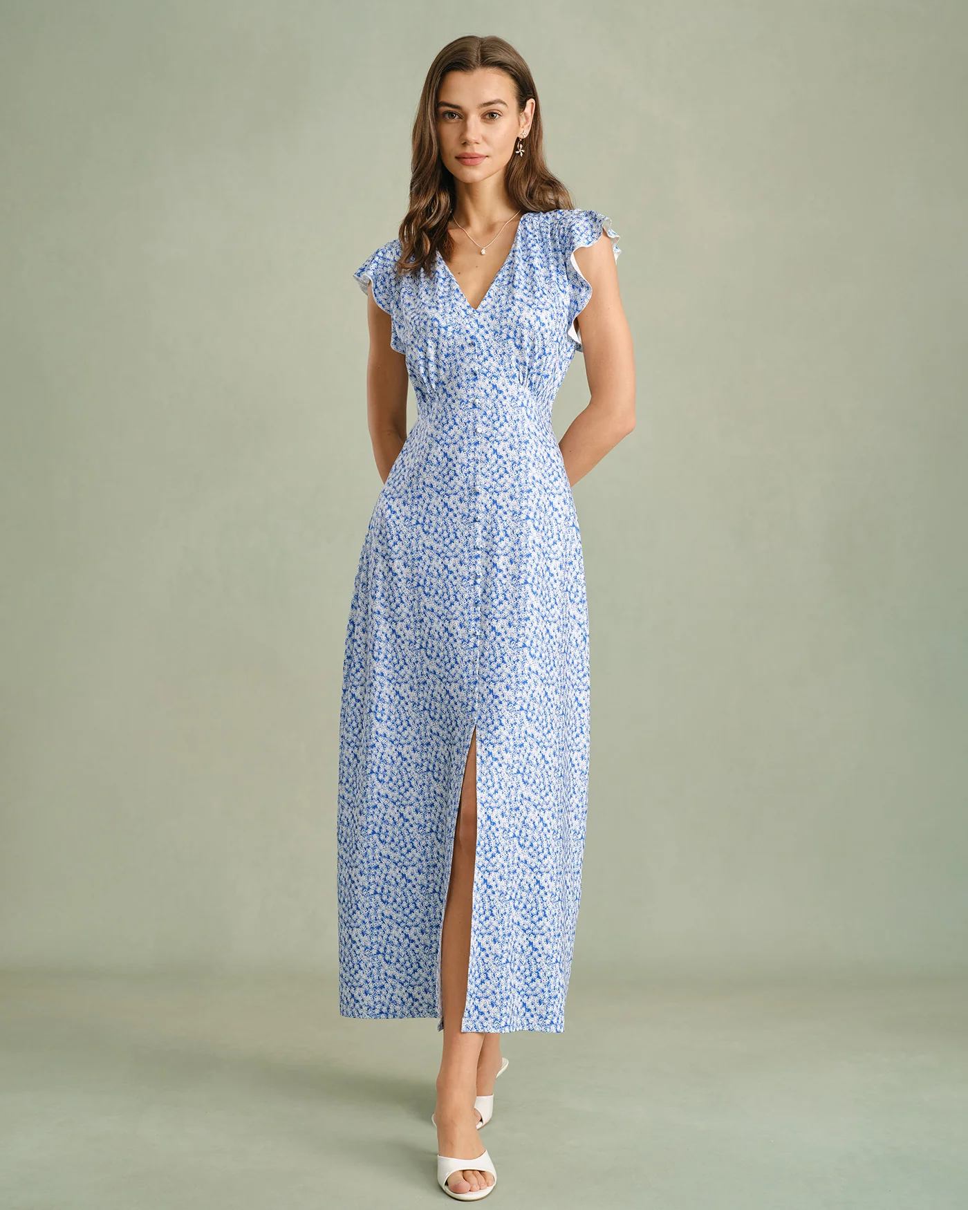 Blue V Neck Tie Floral Maxi Dress - Image 2