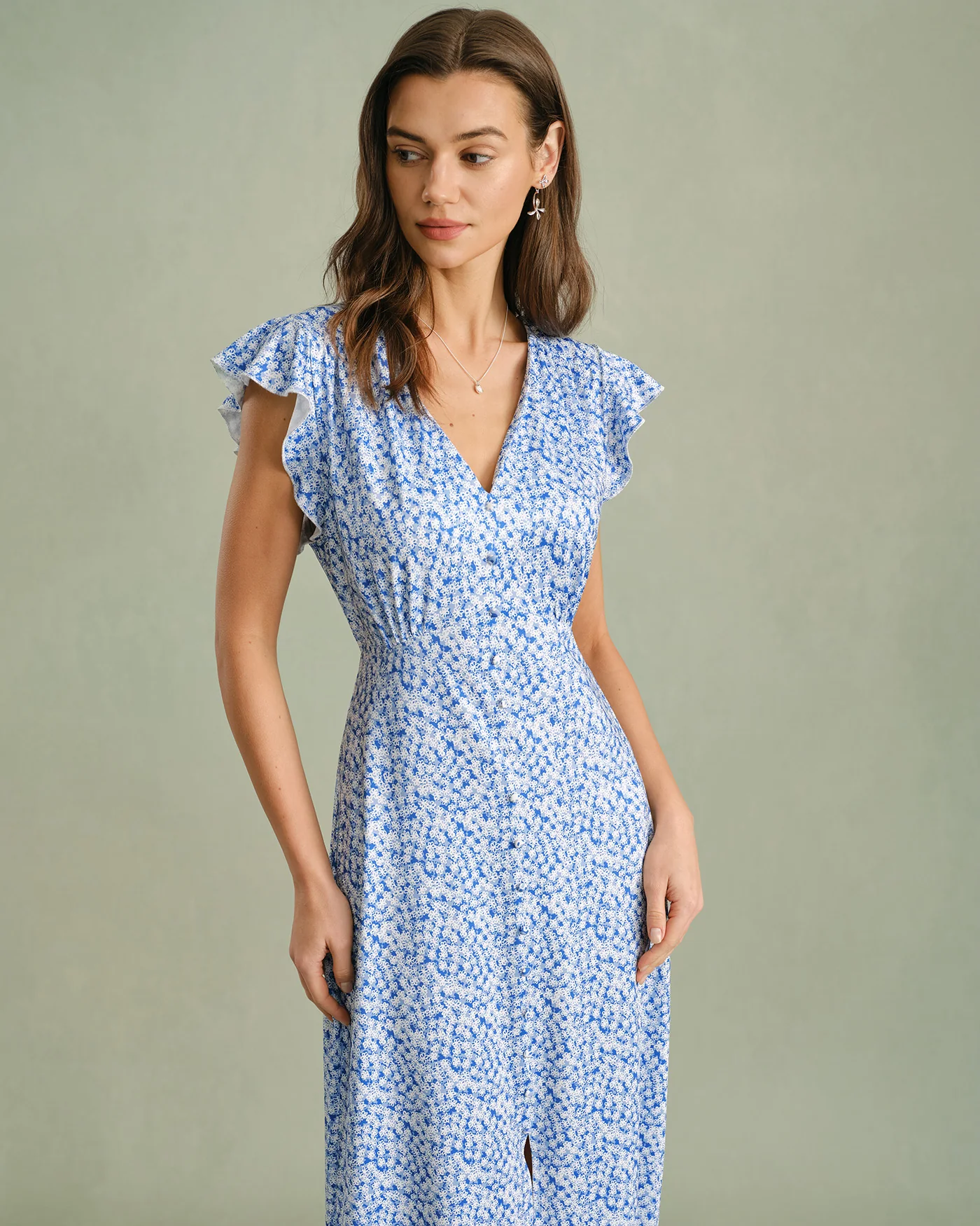 Blue V Neck Tie Floral Maxi Dress - Image 4