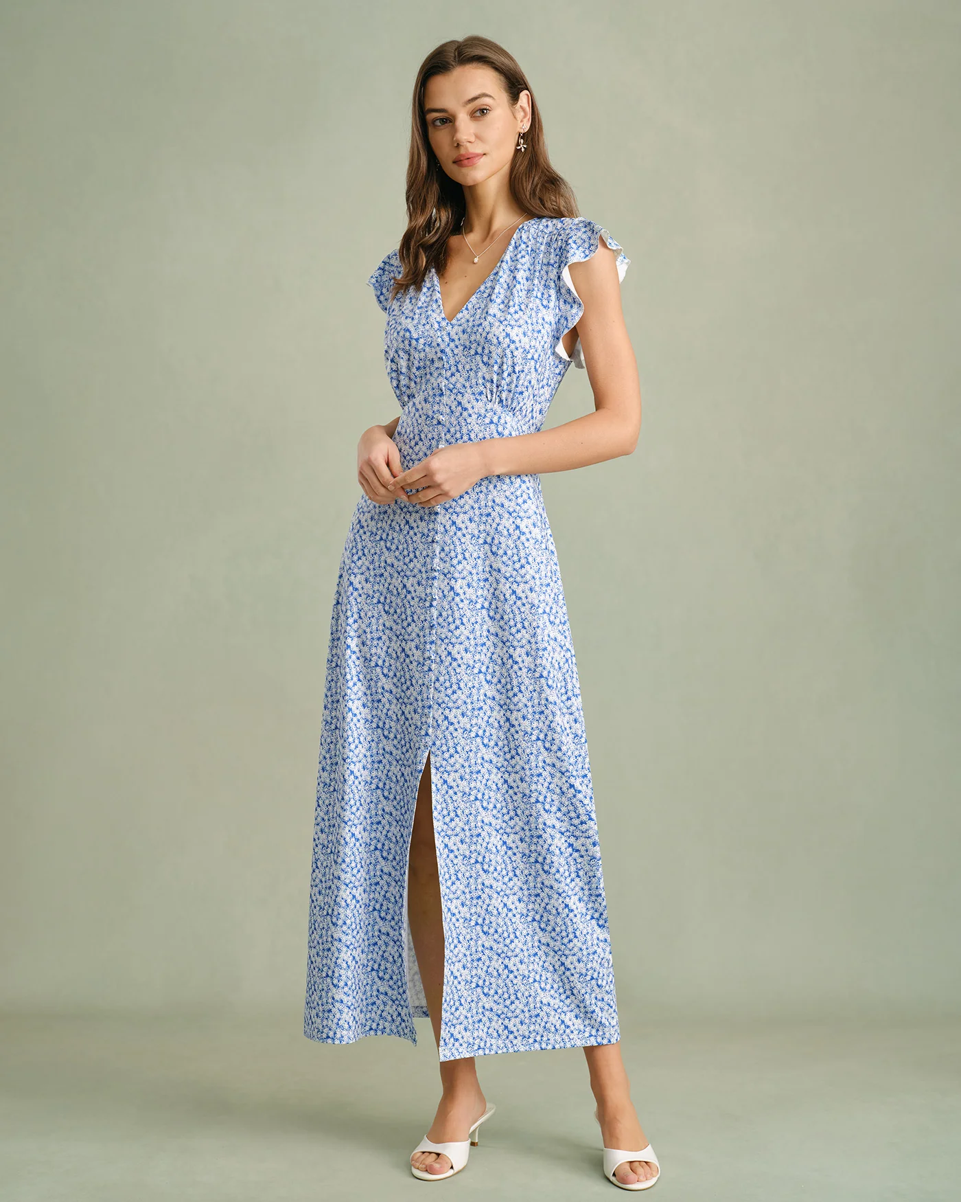 Blue V Neck Tie Floral Maxi Dress - Image 5