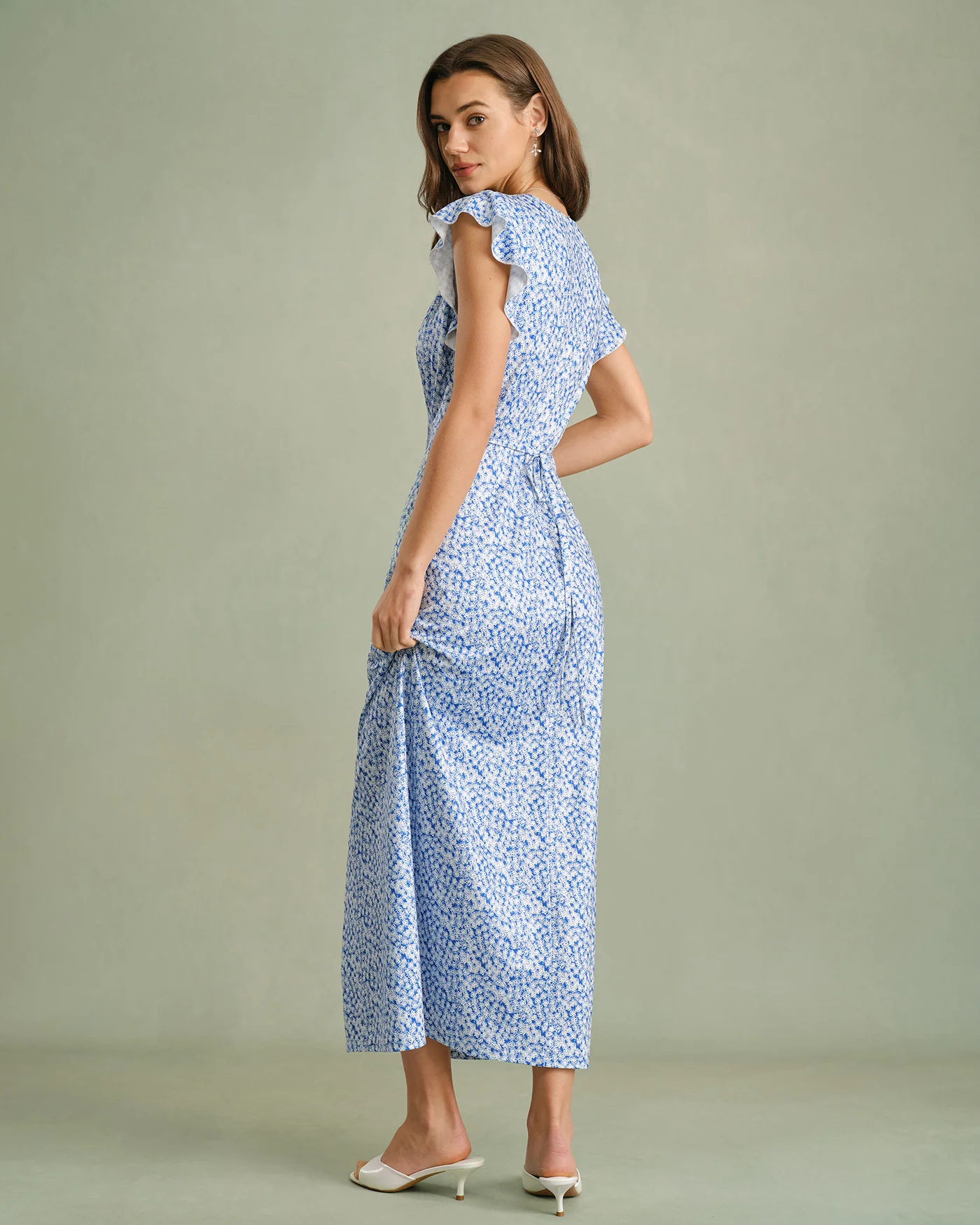 Blue V Neck Tie Floral Maxi Dress - Image 6