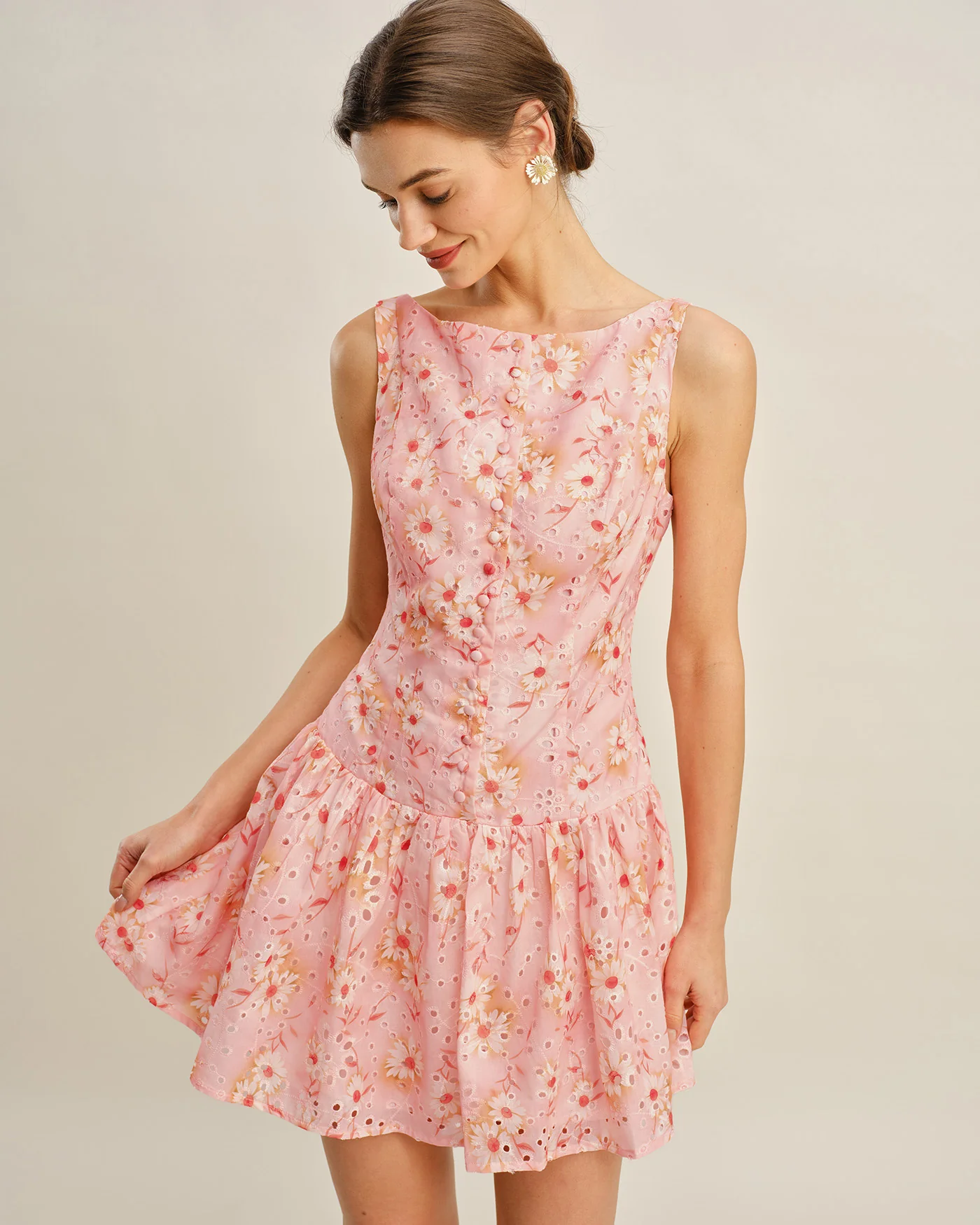Boat Neck Floral Mini Dress - Image 4