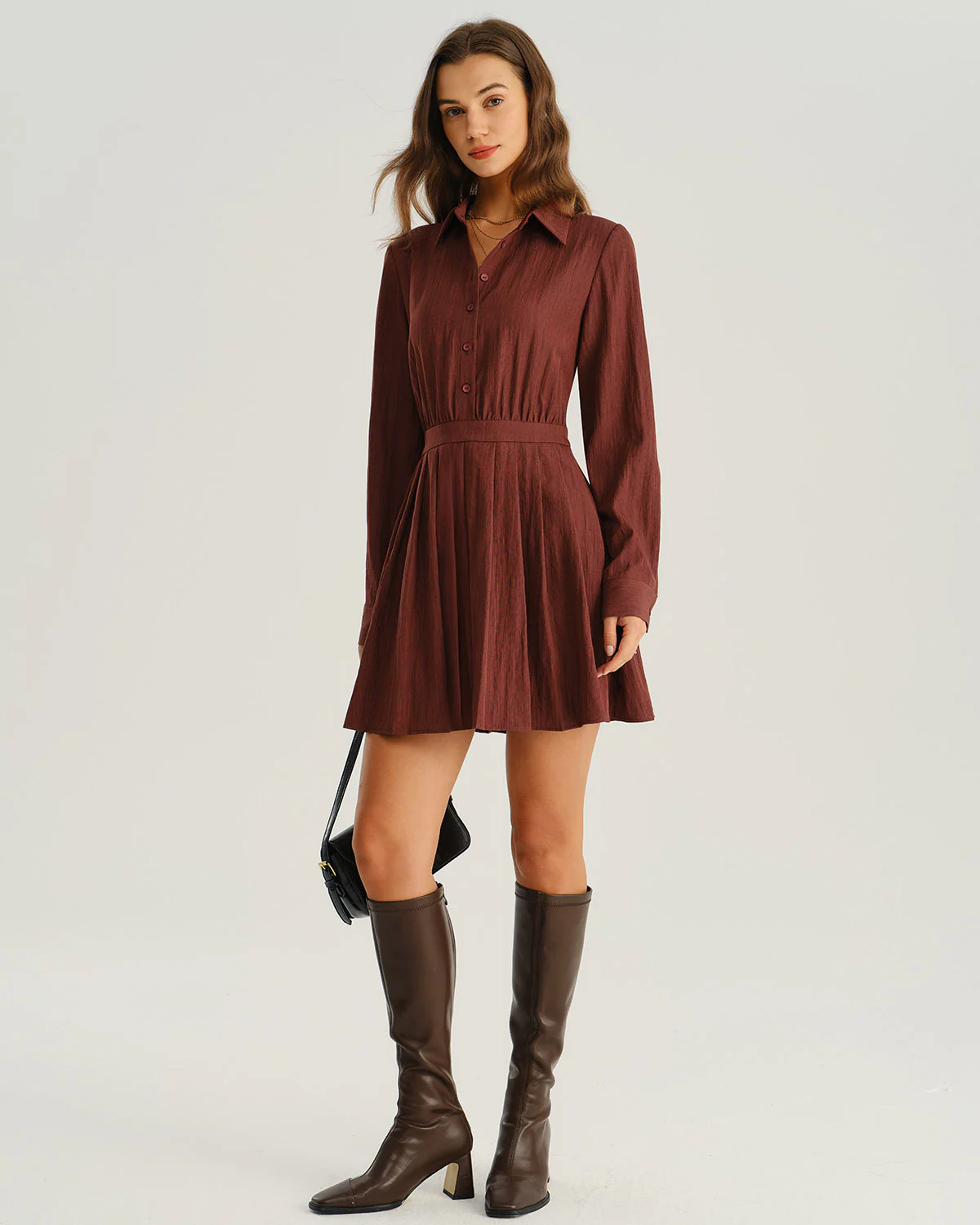Brick Red A-Line Pleated Mini Dress - Image 3