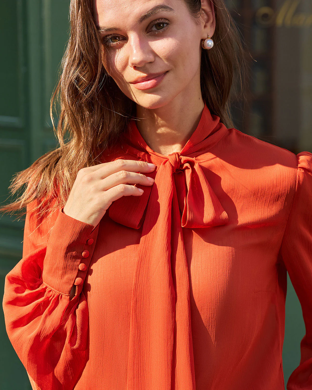 Brick Red Chiffon Tie Neck Shirt - Image 2