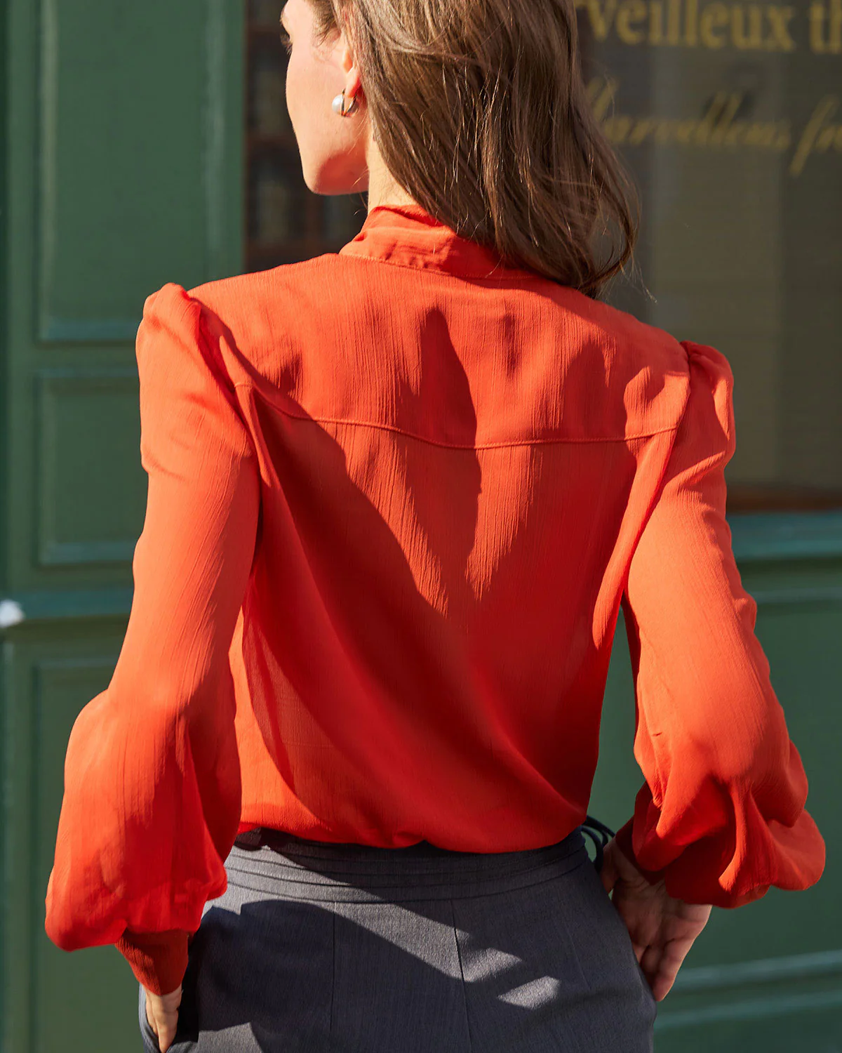 Brick Red Chiffon Tie Neck Shirt - Image 4