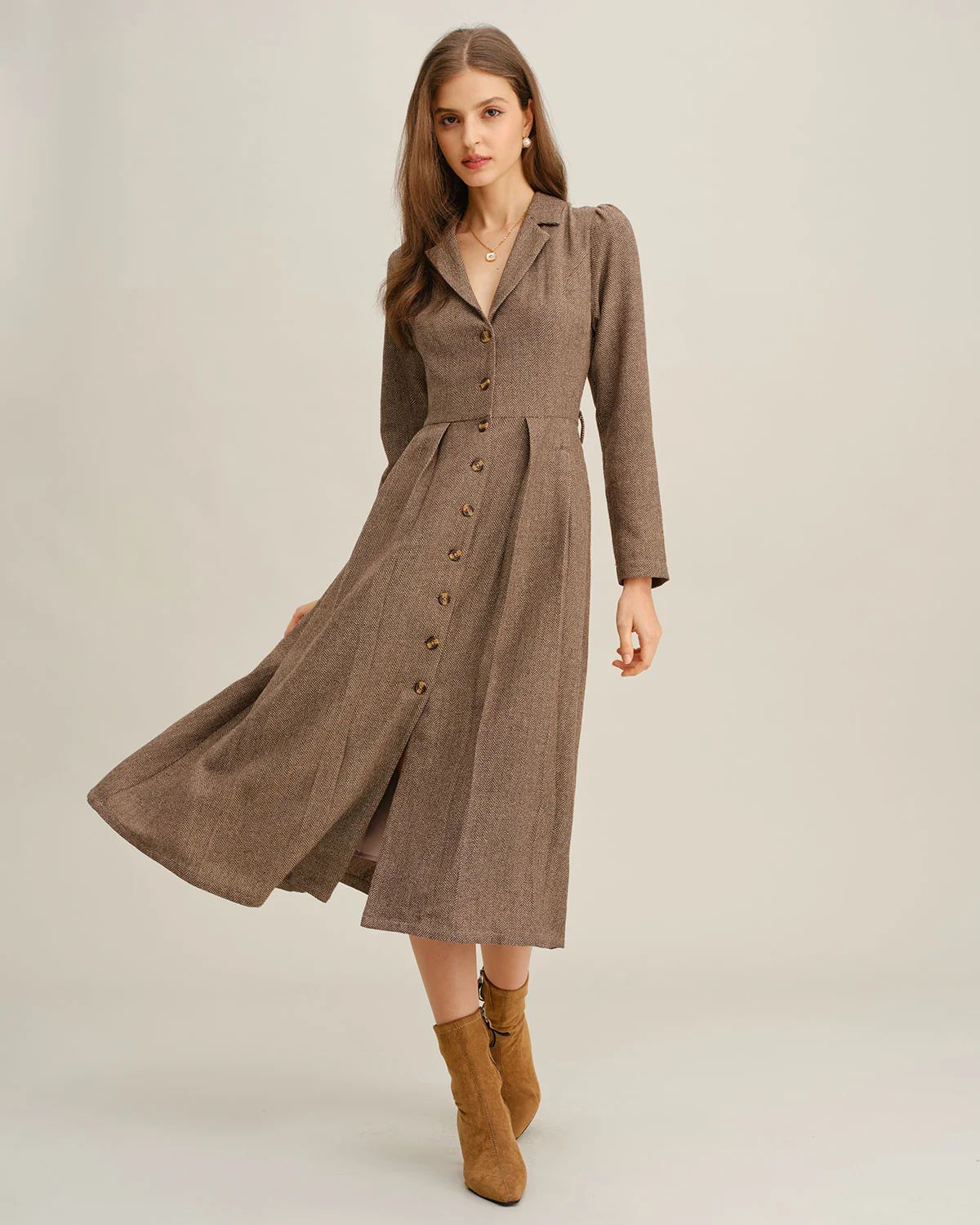 Brown A-Line Pleated Midi Dress - Image 4