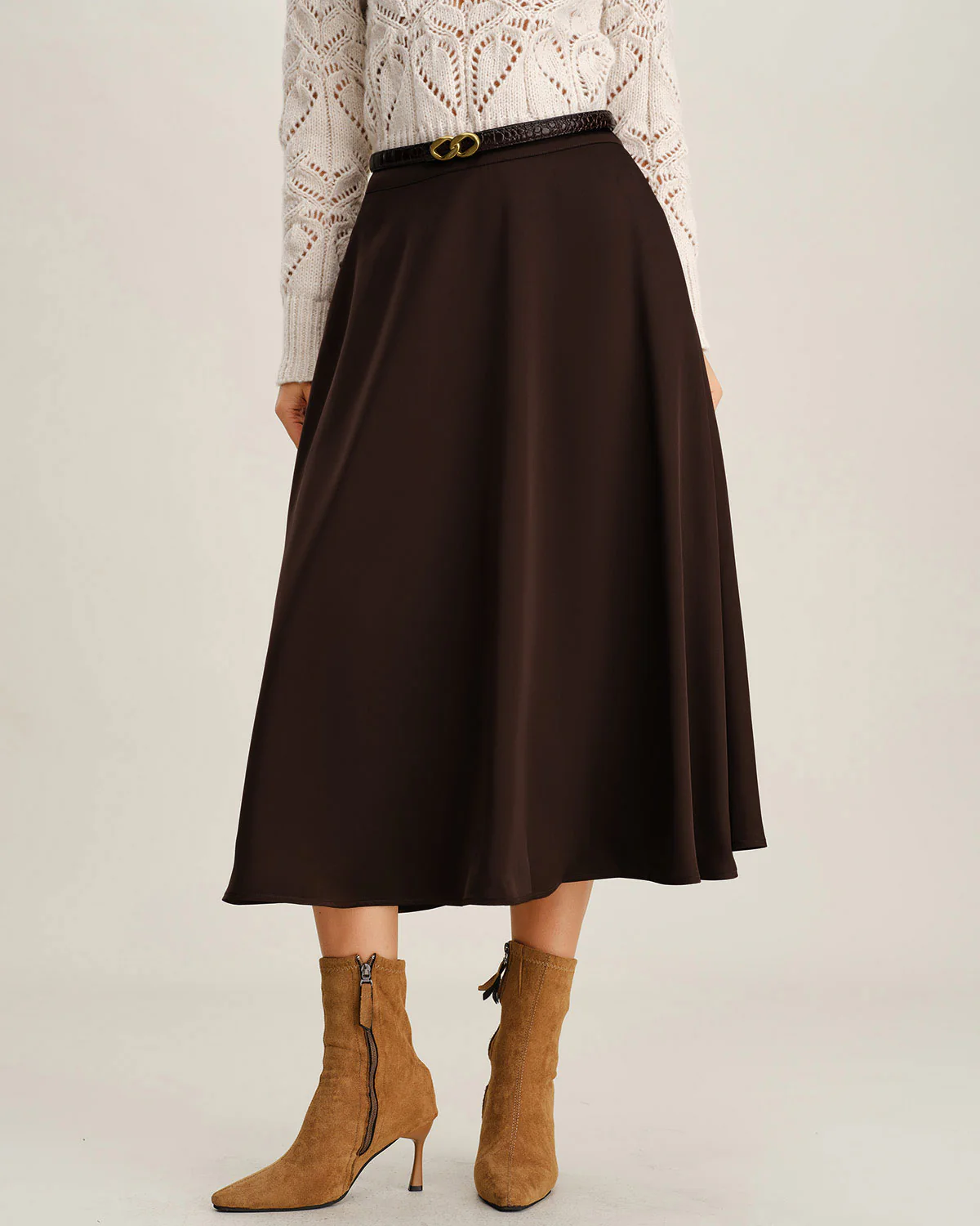 Brown A-Line Pleated Midi Skirt - Image 2