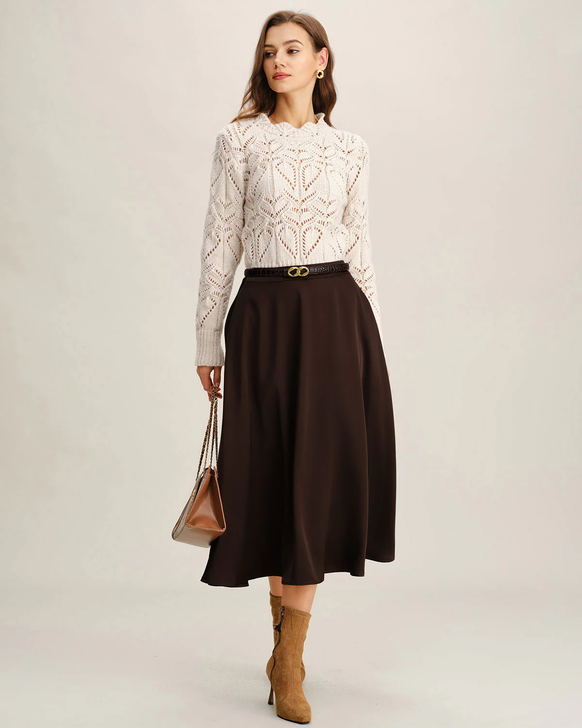 Brown A-Line Pleated Midi Skirt - Image 4