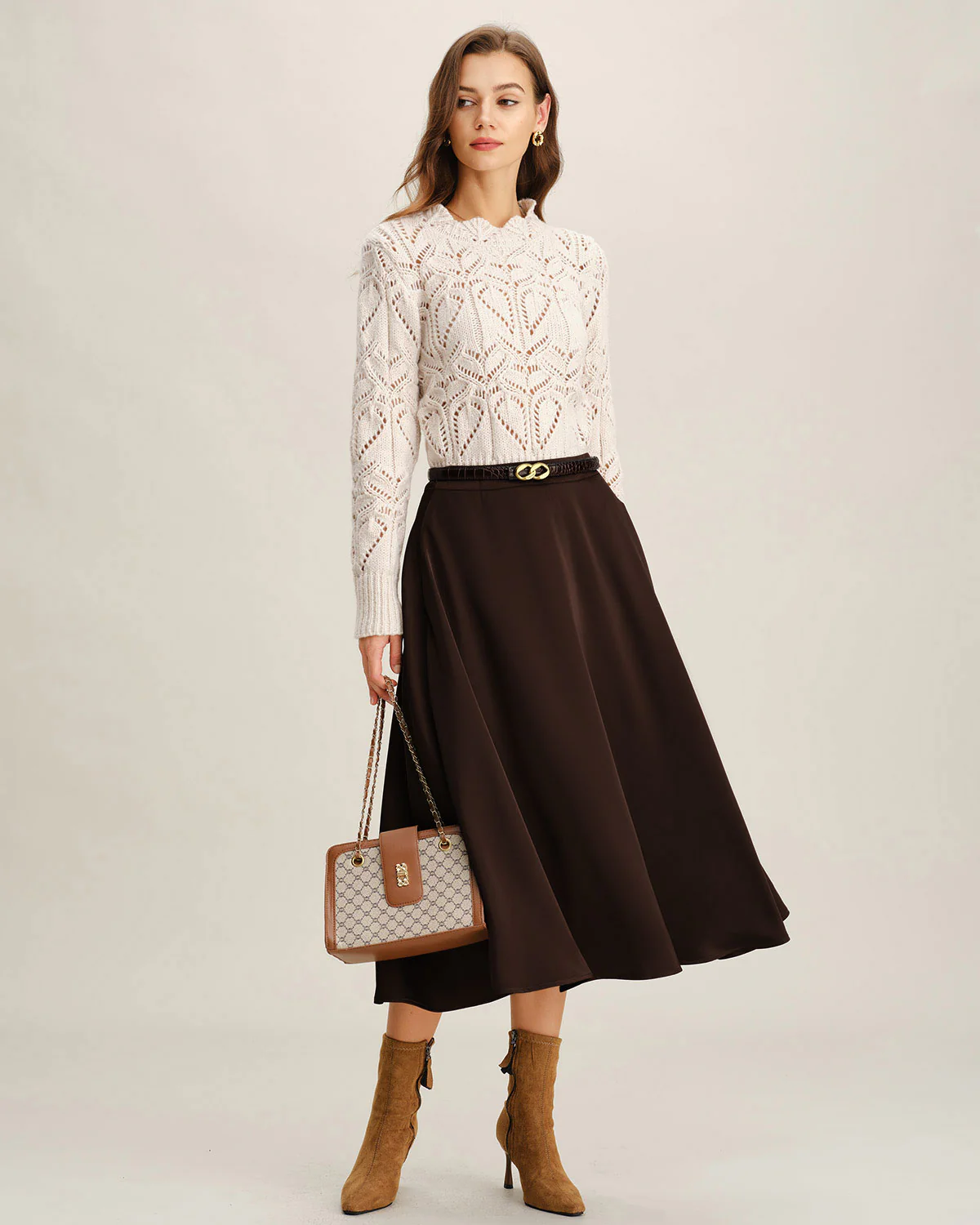 Brown A-Line Pleated Midi Skirt - Image 5
