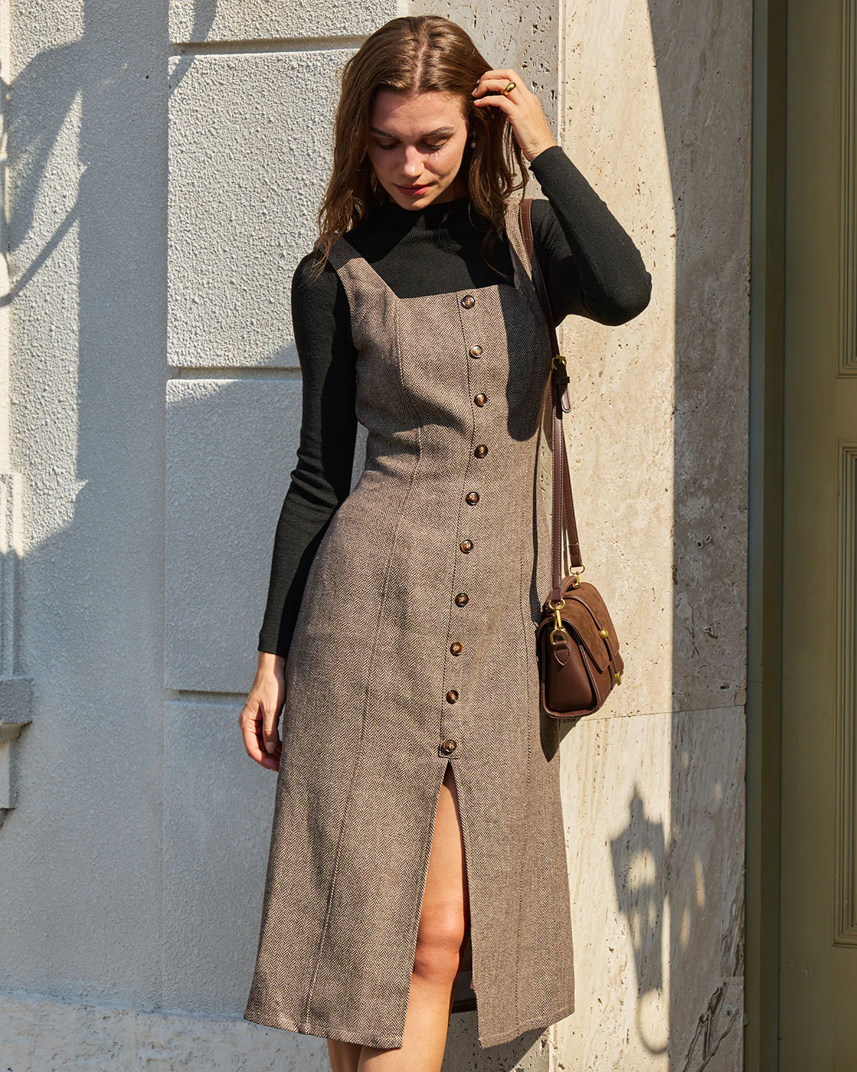Brown A-Line Sleeveless Slit Midi Dress - Image 2