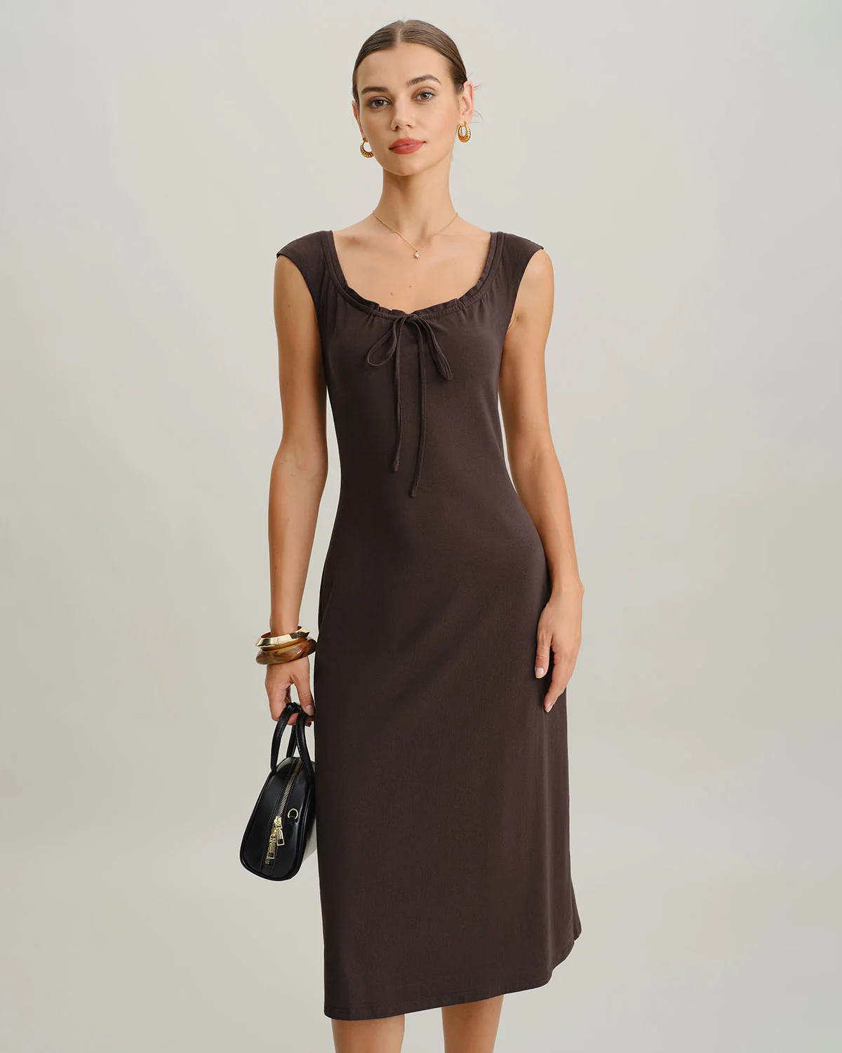 Brown Boat Neck Cap Sleeve Midi Dress - Image 3