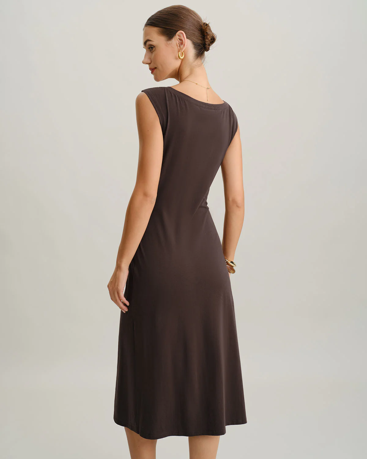 Brown Boat Neck Cap Sleeve Midi Dress - Image 4