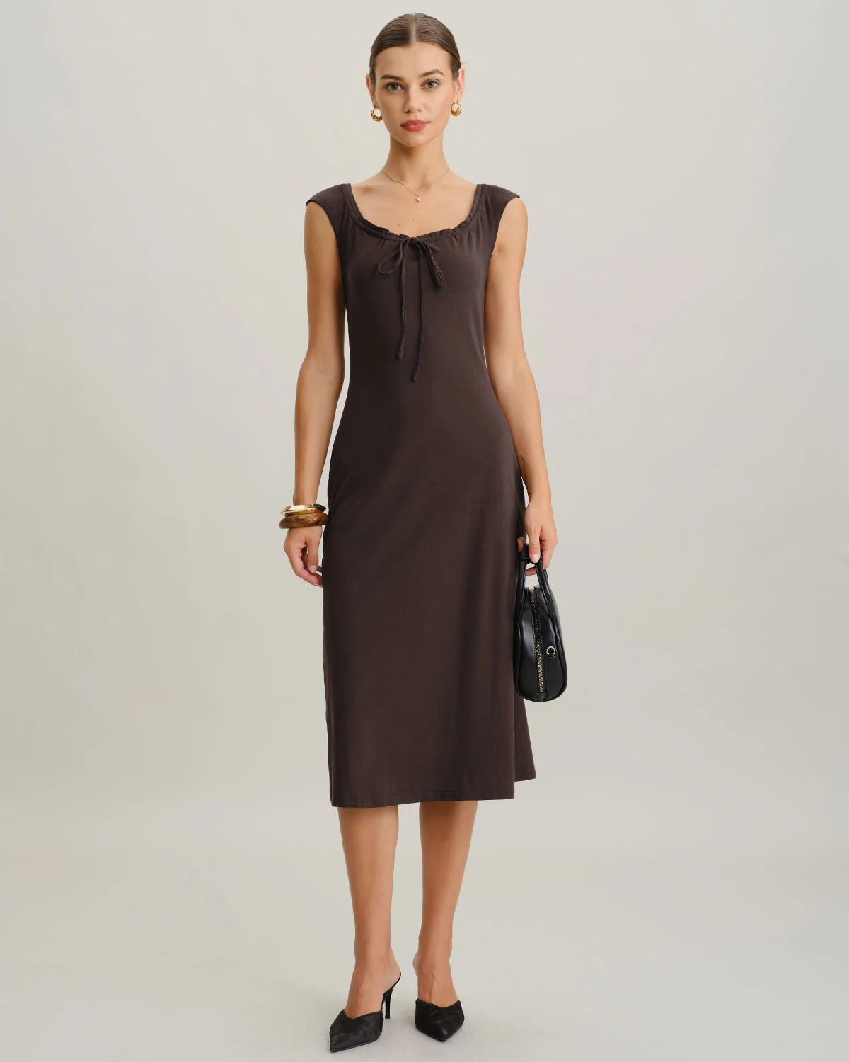 Brown Boat Neck Cap Sleeve Midi Dress - Image 5
