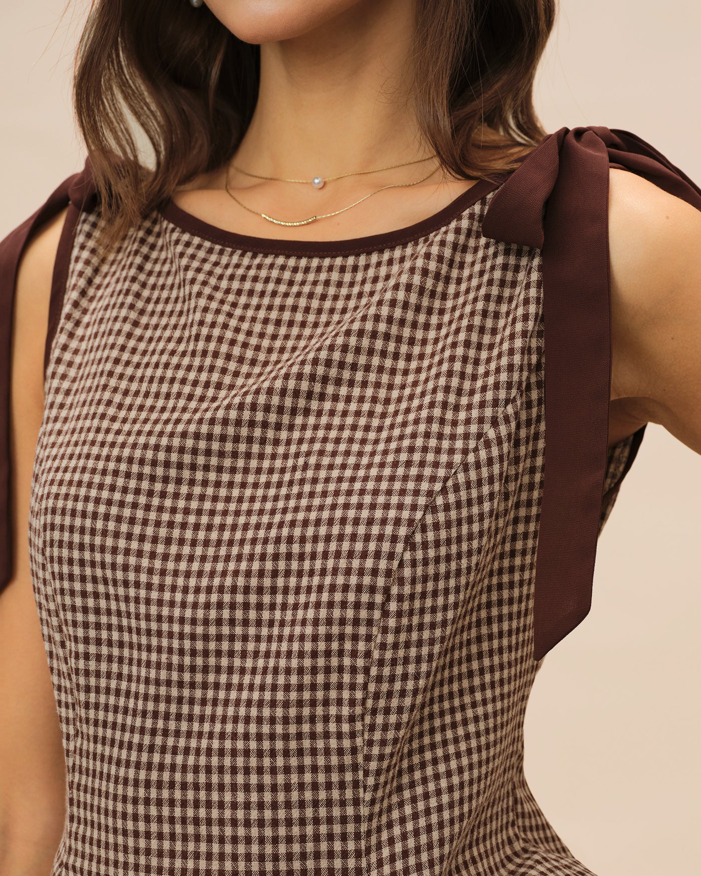 Brown Boat Neck Plaid Tank Top - Image 2