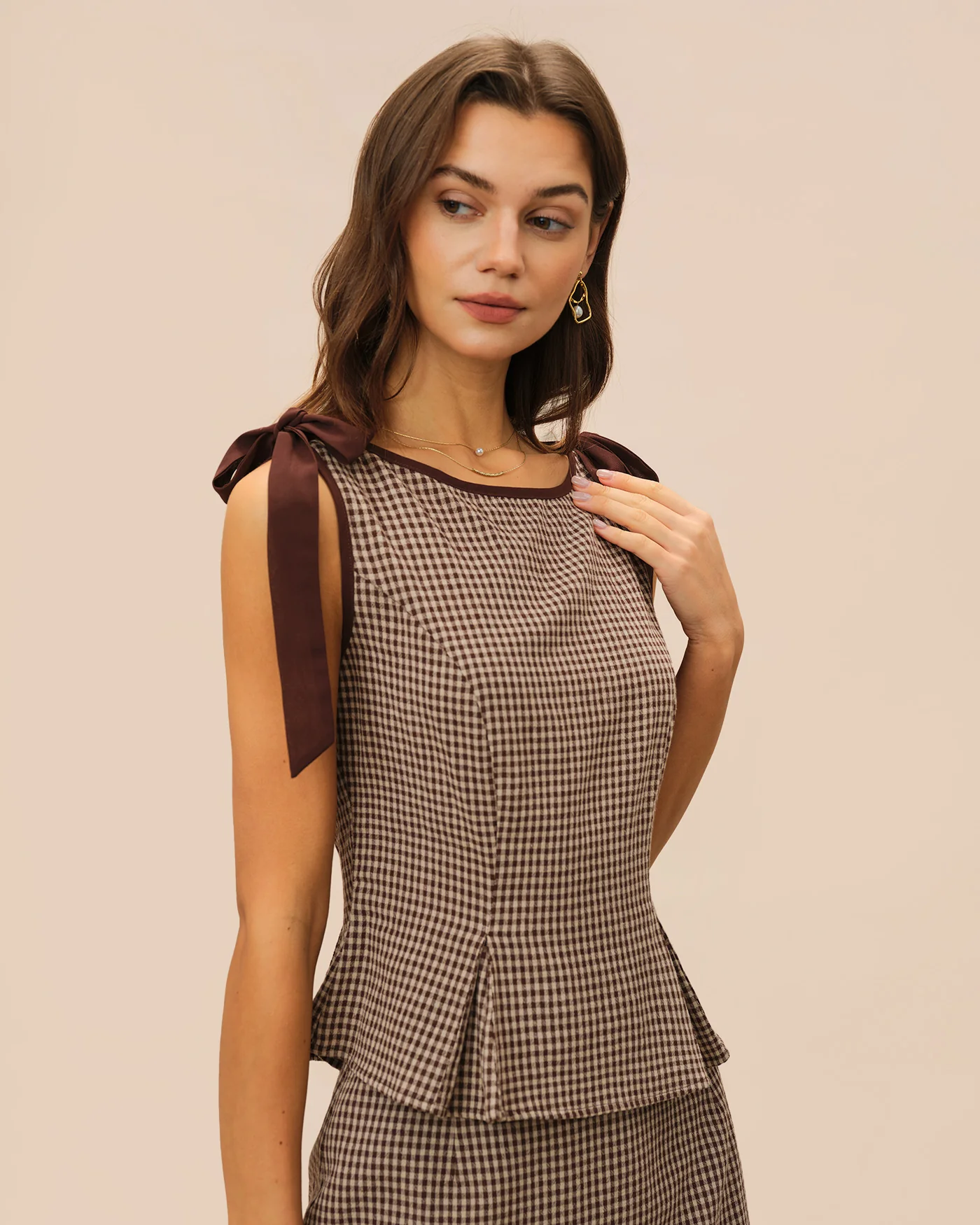Brown Boat Neck Plaid Tank Top - Image 3