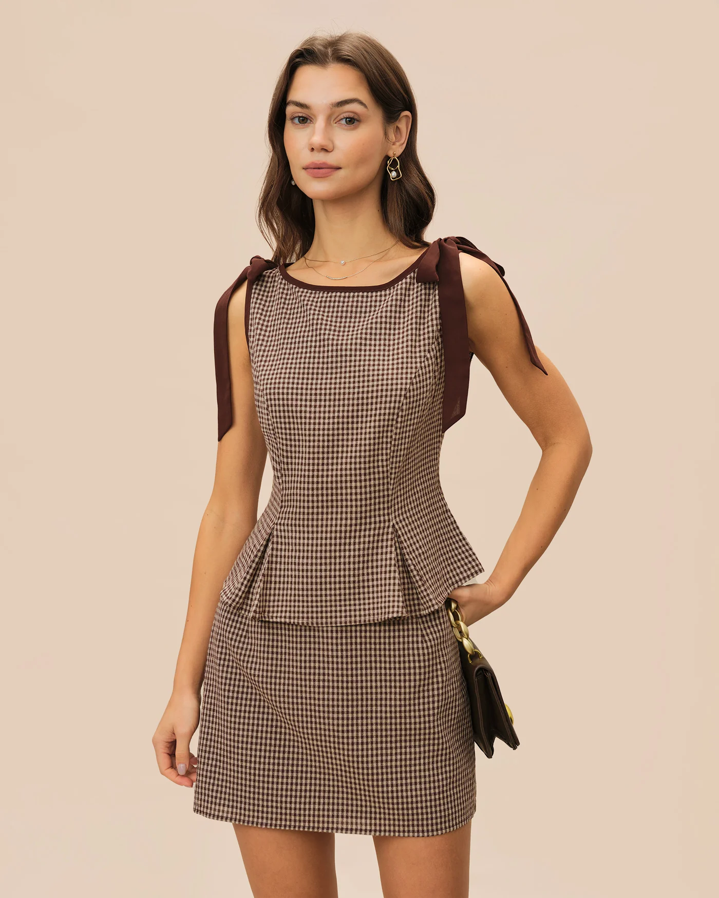 Brown Boat Neck Plaid Tank Top - Image 4