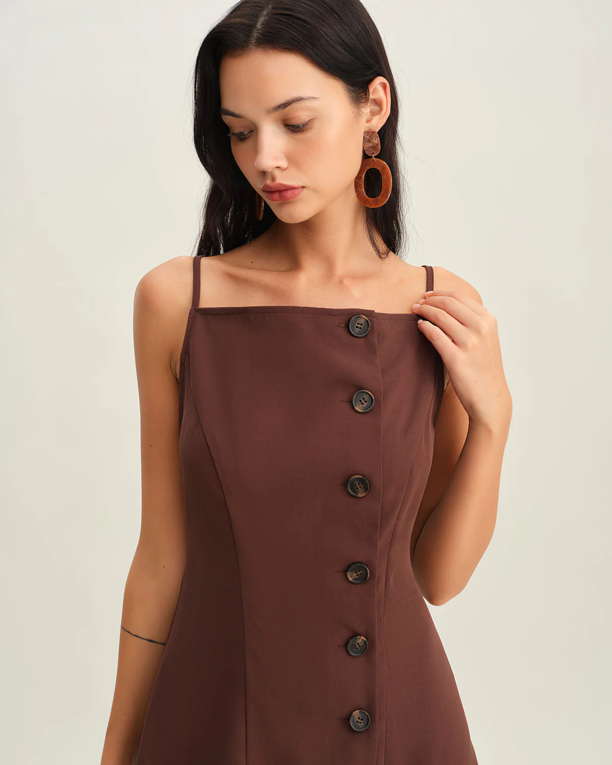 Brown Button Pleated Slip Mini Dress - Image 2