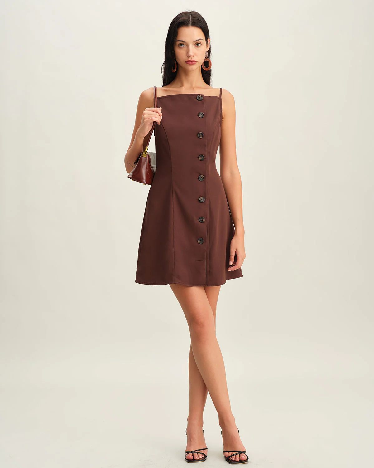 Brown Button Pleated Slip Mini Dress - Image 3