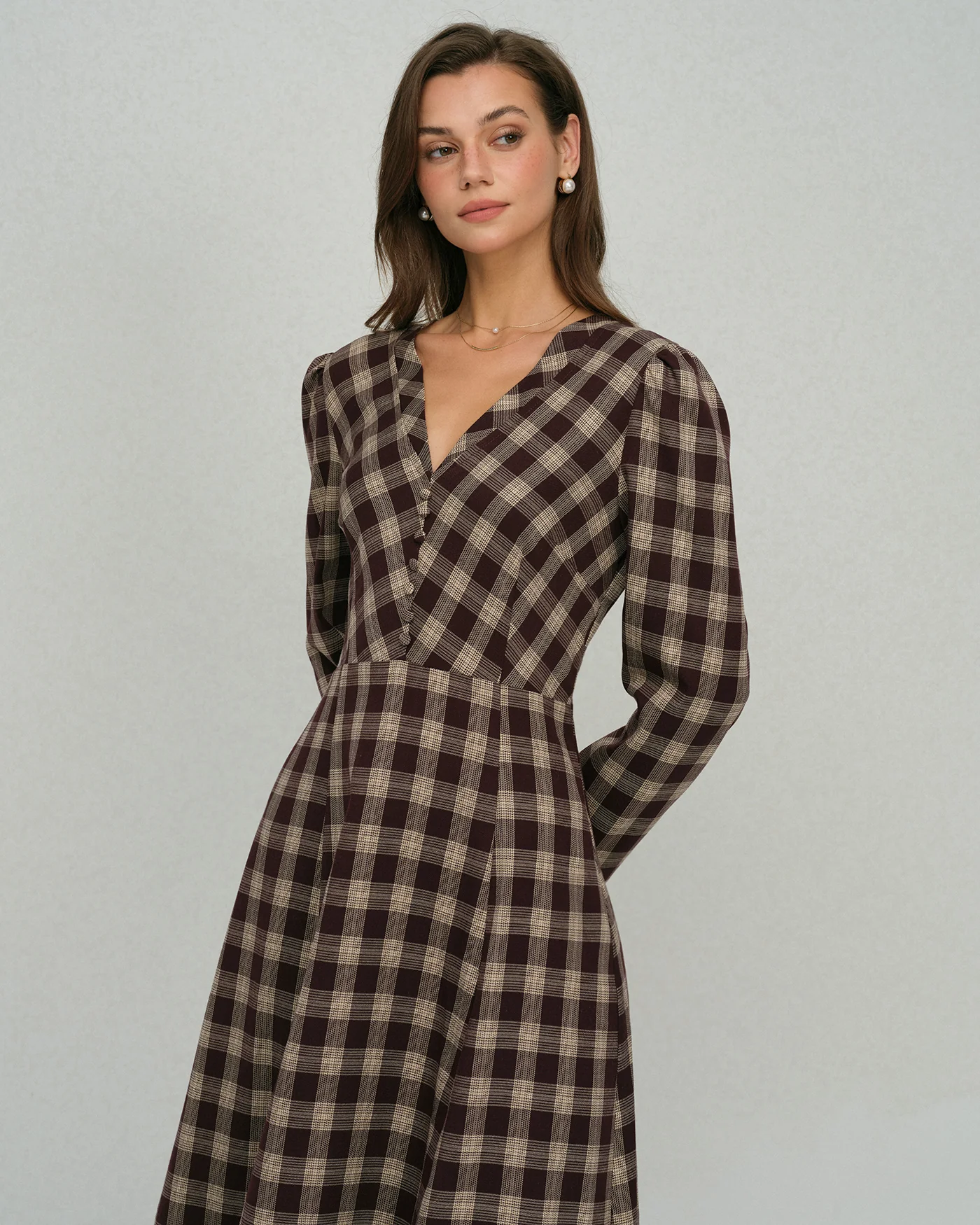 Brown Floral V Neck Midi Dress - Image 3