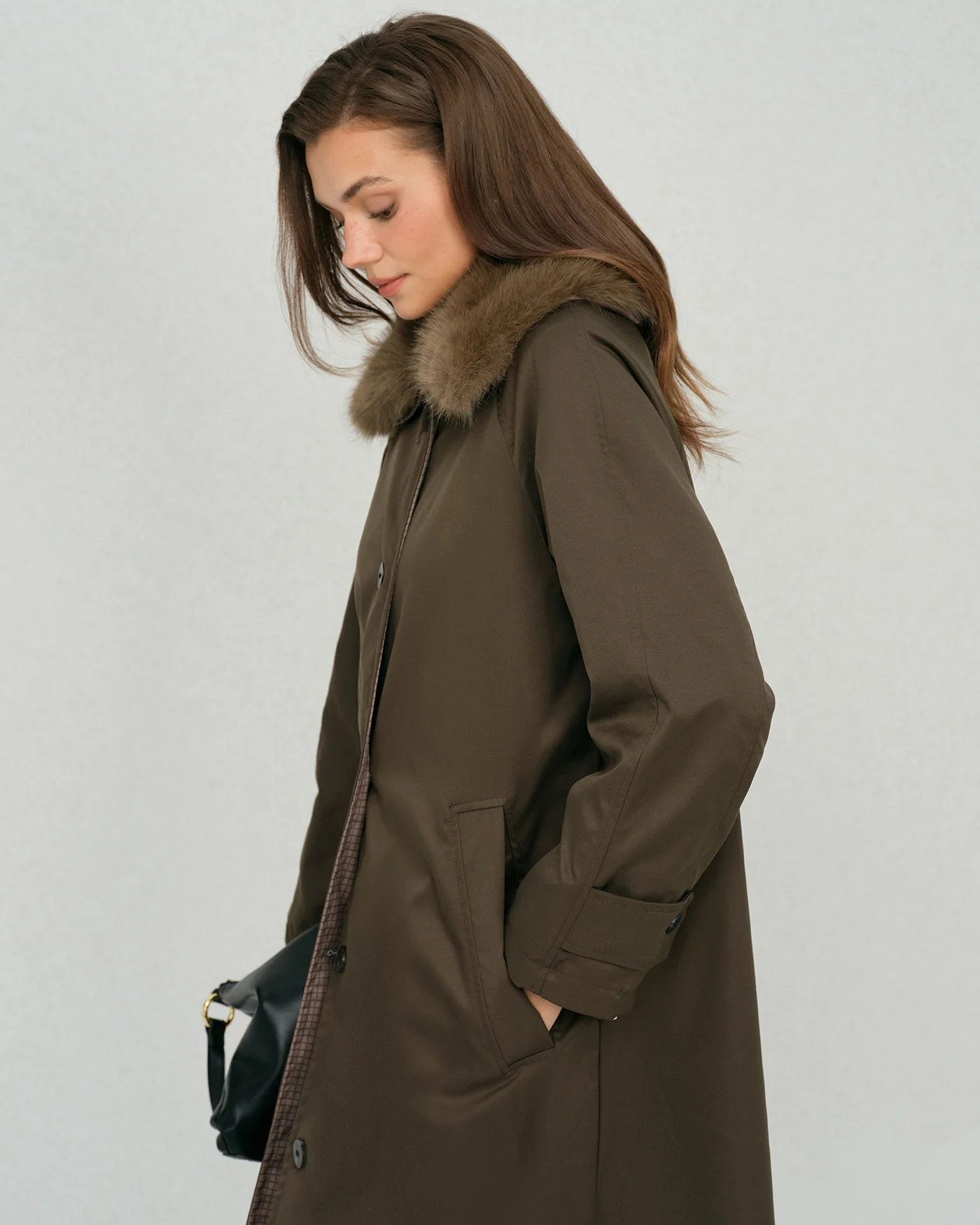 Brown Fur Collar Reverible Long Coat - Image 3