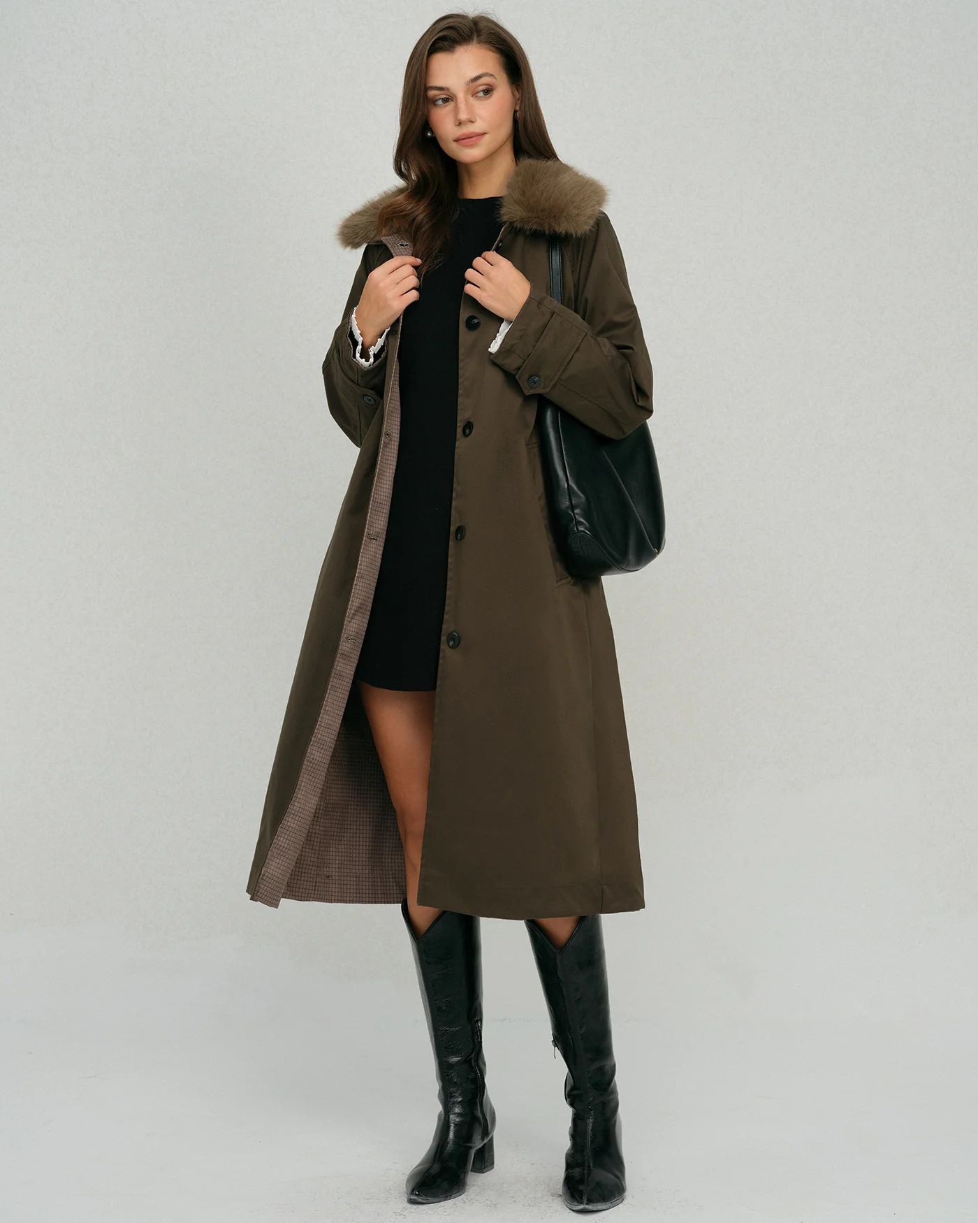 Brown Fur Collar Reverible Long Coat - Image 4