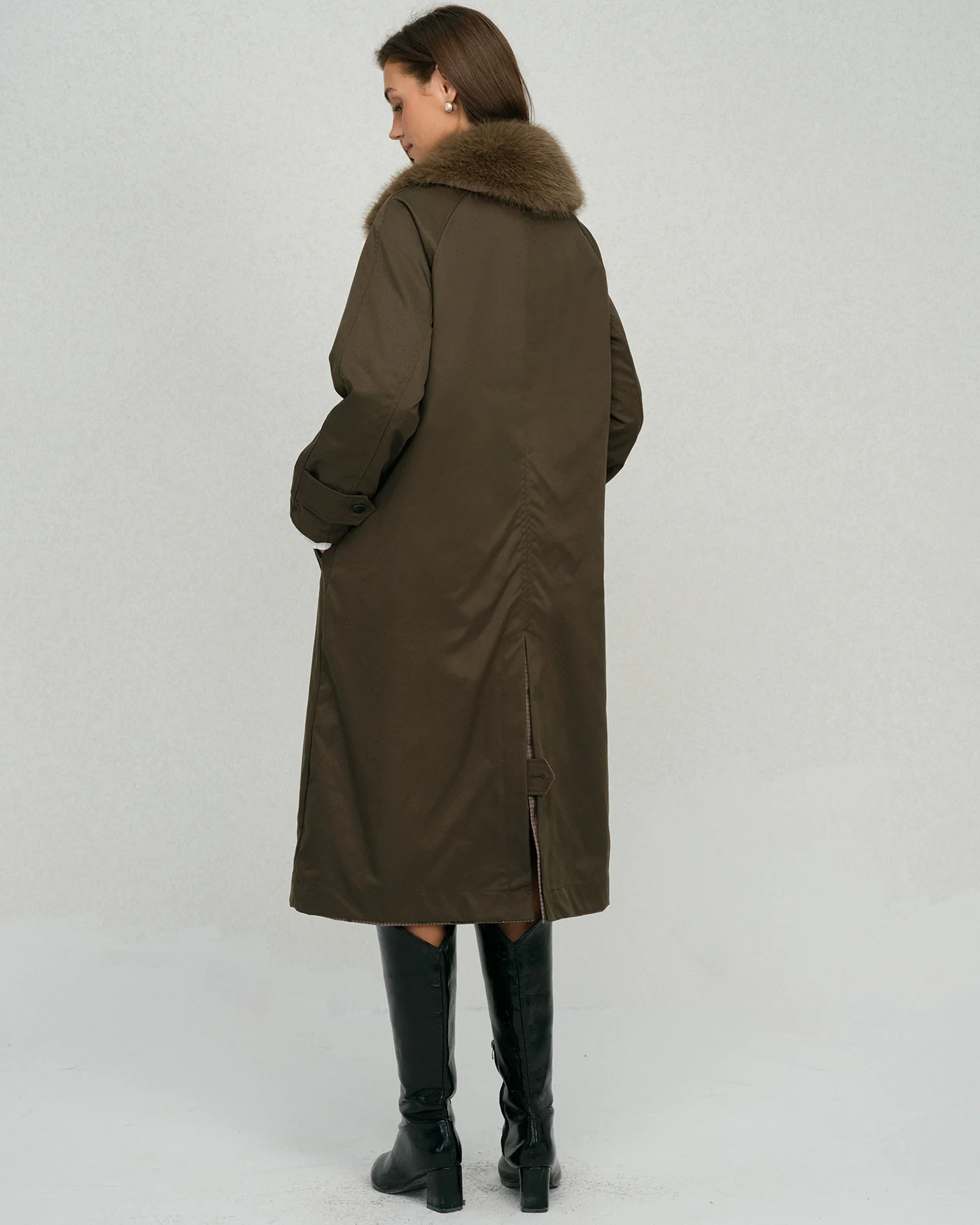 Brown Fur Collar Reverible Long Coat - Image 5