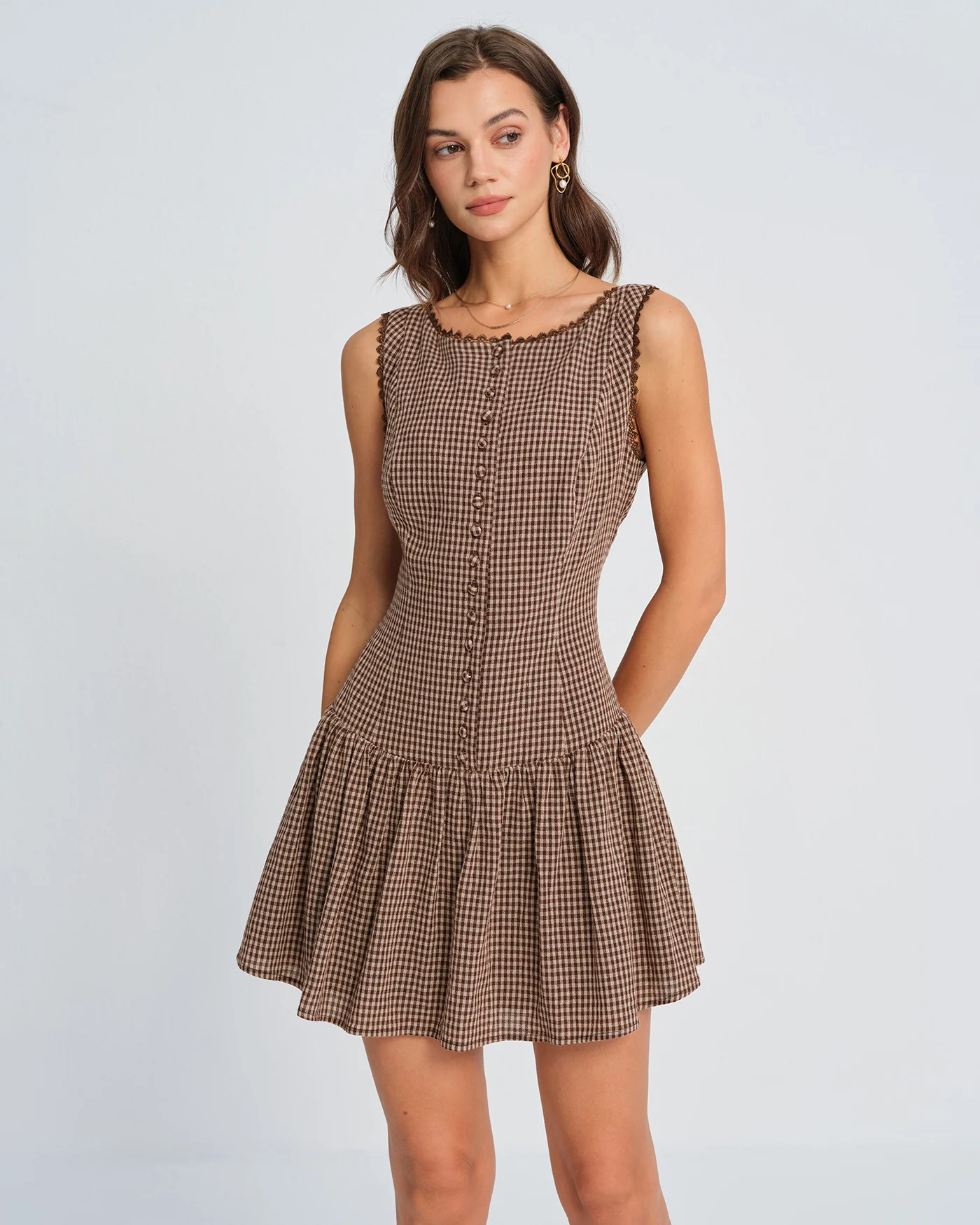 Brown Lace Plaid Mini Dress - Image 2