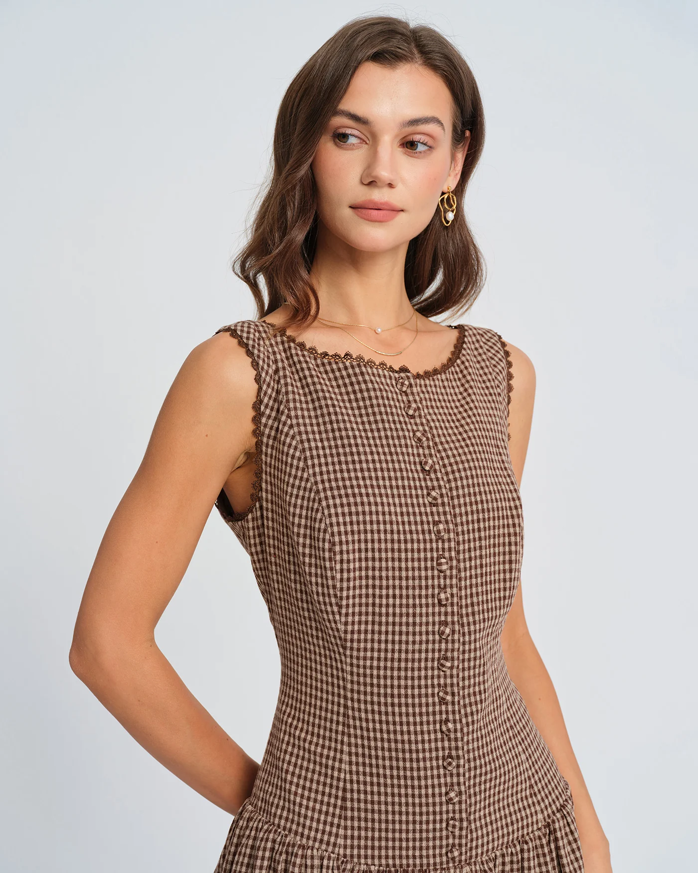 Brown Lace Plaid Mini Dress - Image 3