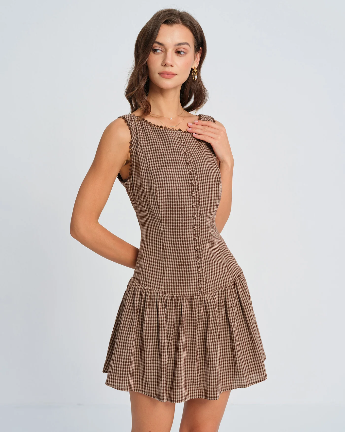 Brown Lace Plaid Mini Dress - Image 4