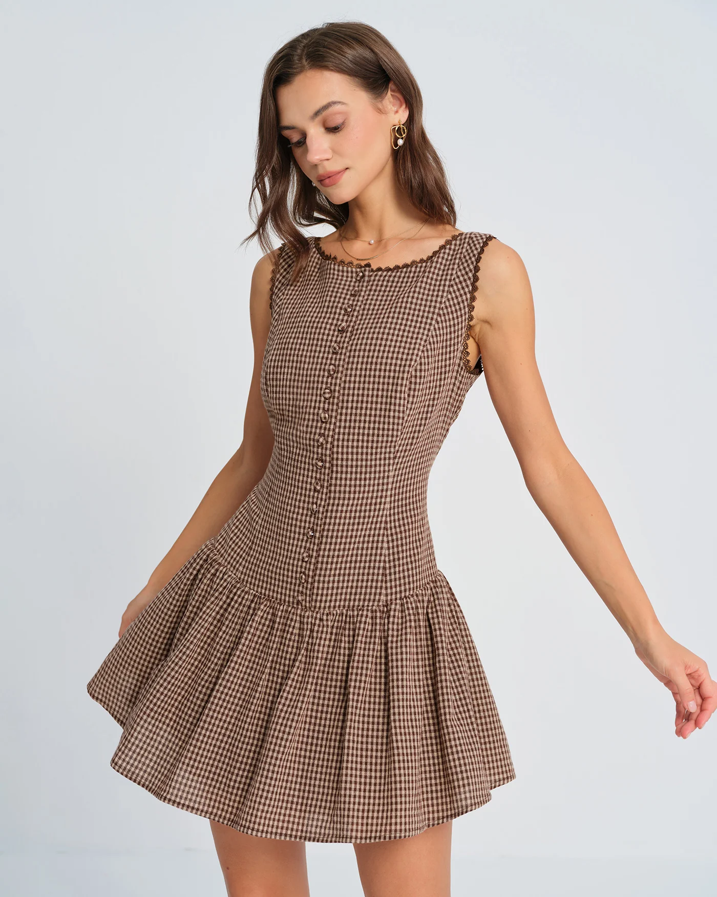 Brown Lace Plaid Mini Dress - Image 5