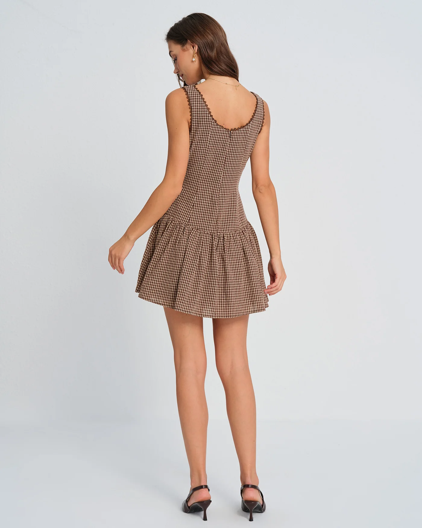 Brown Lace Plaid Mini Dress - Image 6