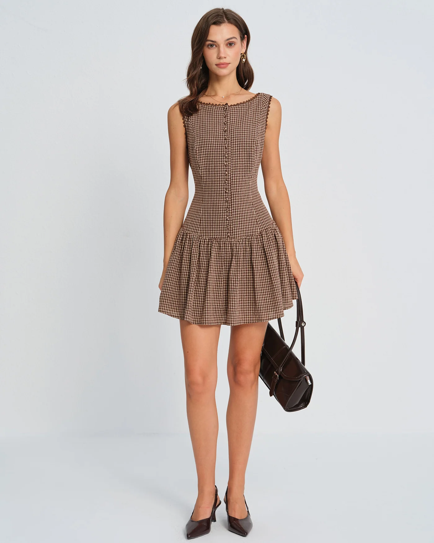 Brown Lace Plaid Mini Dress - Image 7