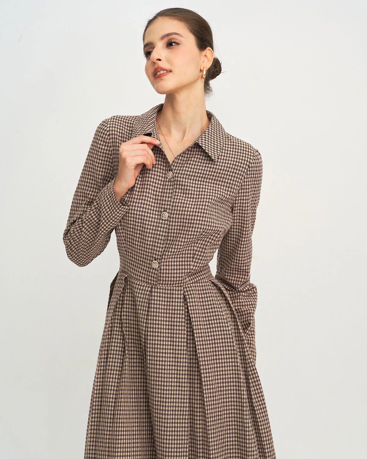 Brown Plaid A-Line Midi Dress - Image 2