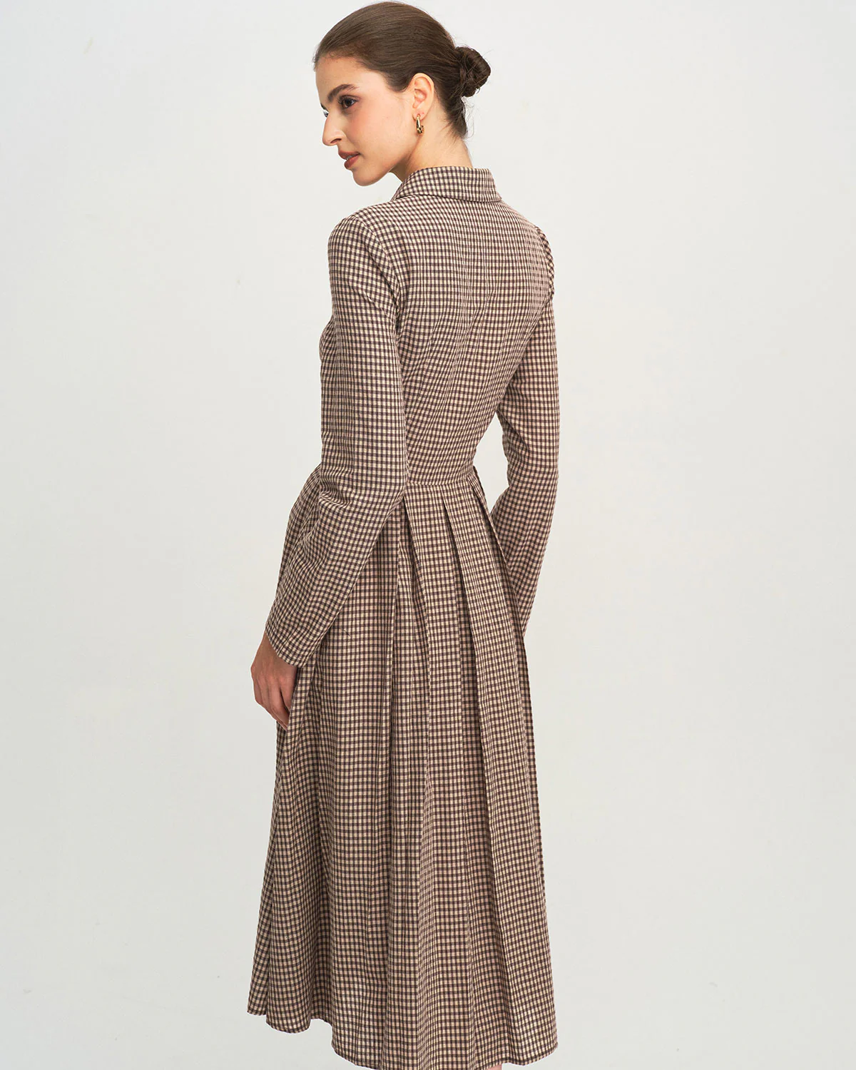 Brown Plaid A-Line Midi Dress - Image 3