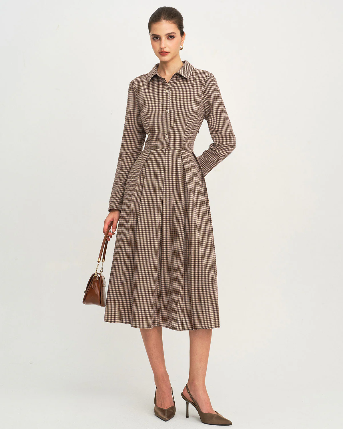 Brown Plaid A-Line Midi Dress - Image 4