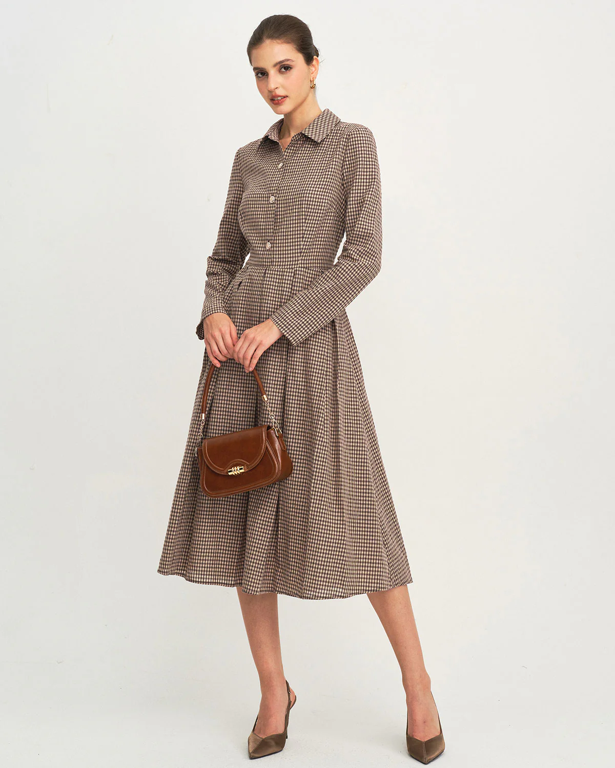 Brown Plaid A-Line Midi Dress - Image 5