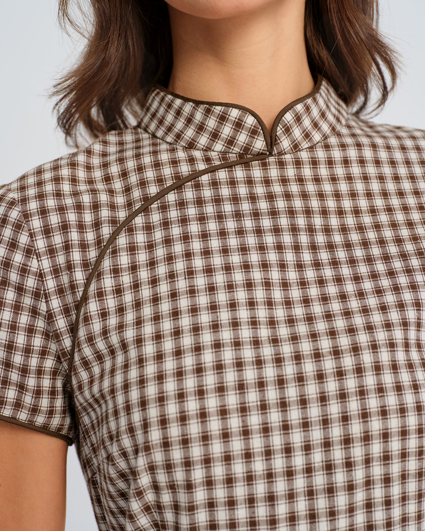 Brown Plaid A-Line Mini Dress - Image 2